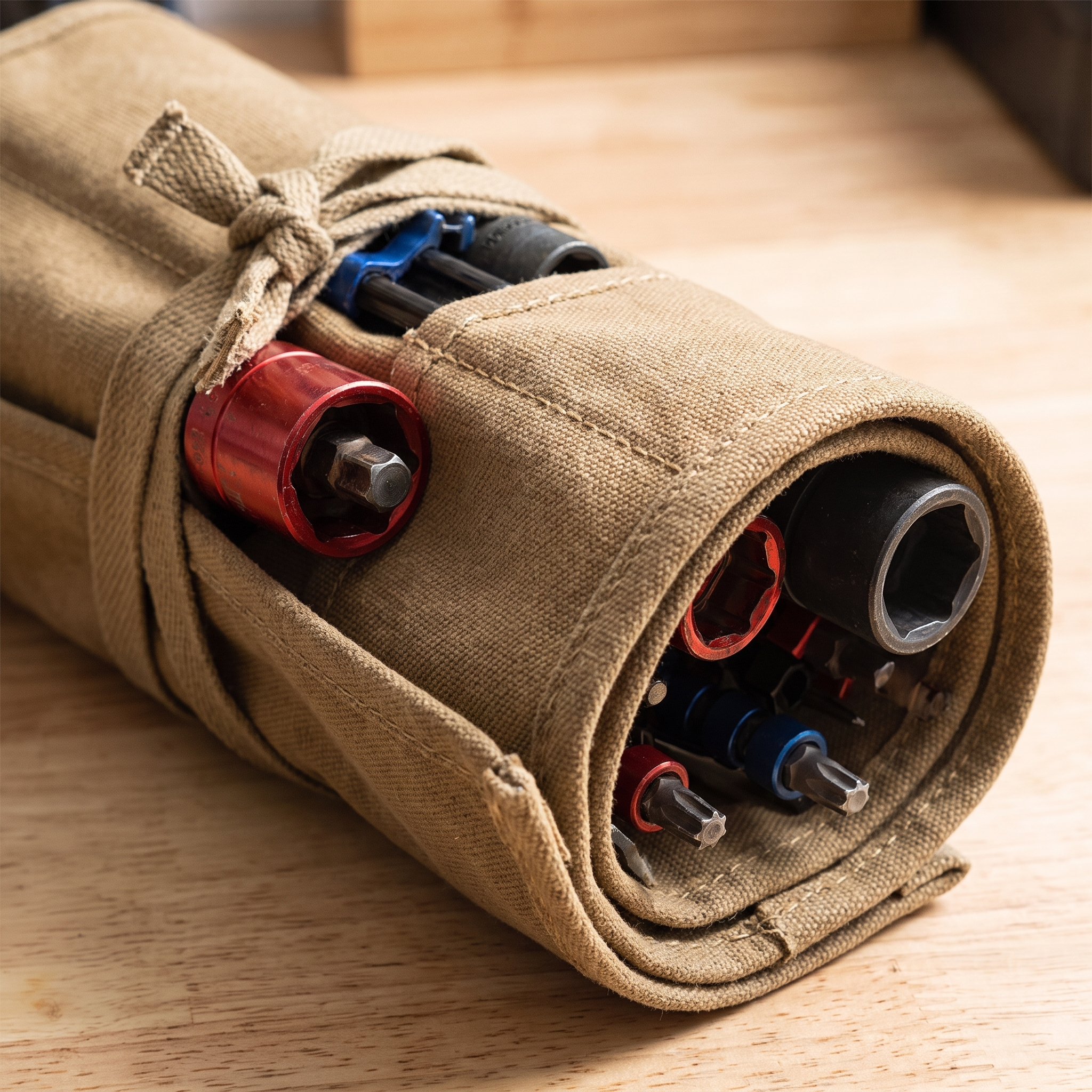 Canvas tool roll rolled up and tied closed