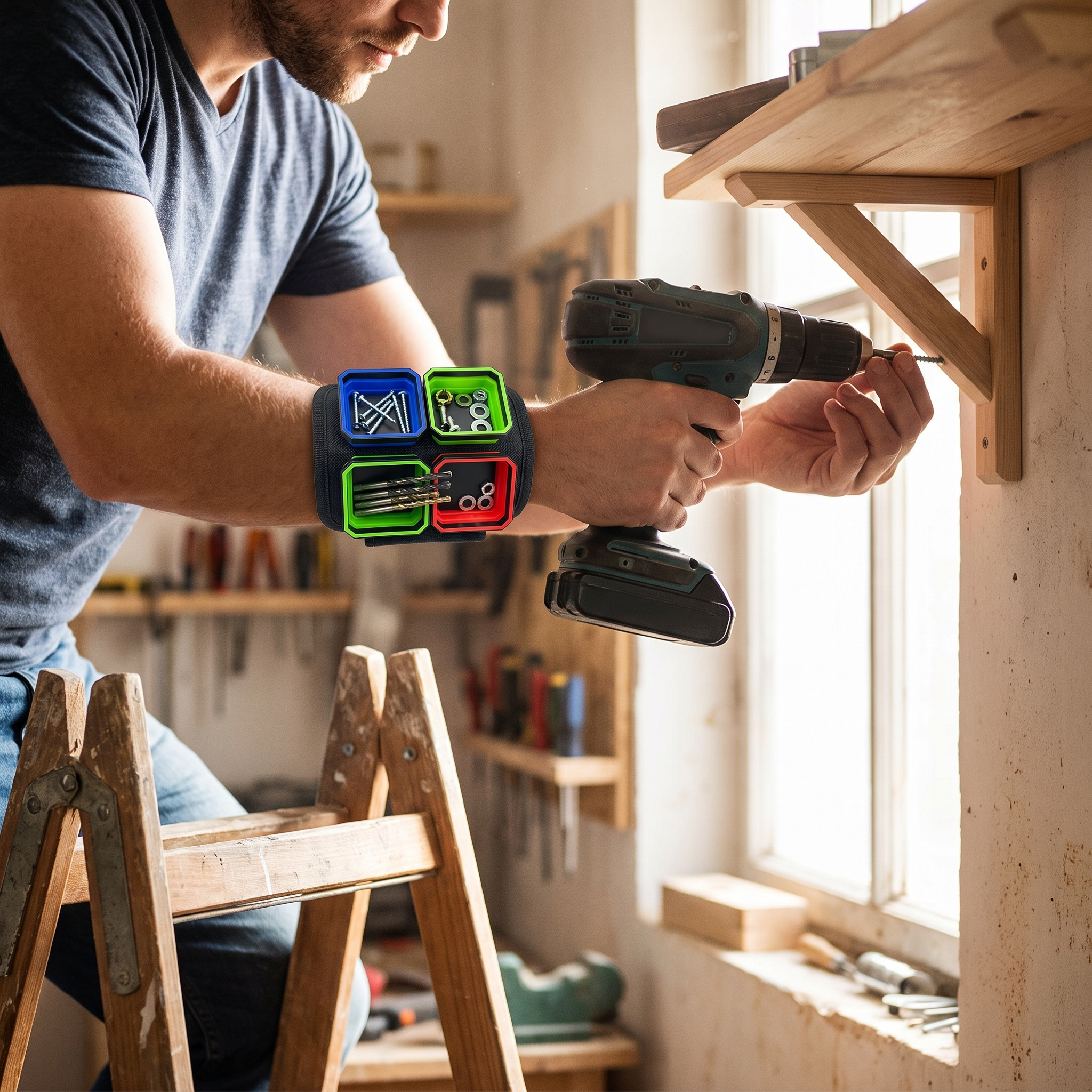 DIYer using magnetic wristband with screws stuck to it while fitting a shelf