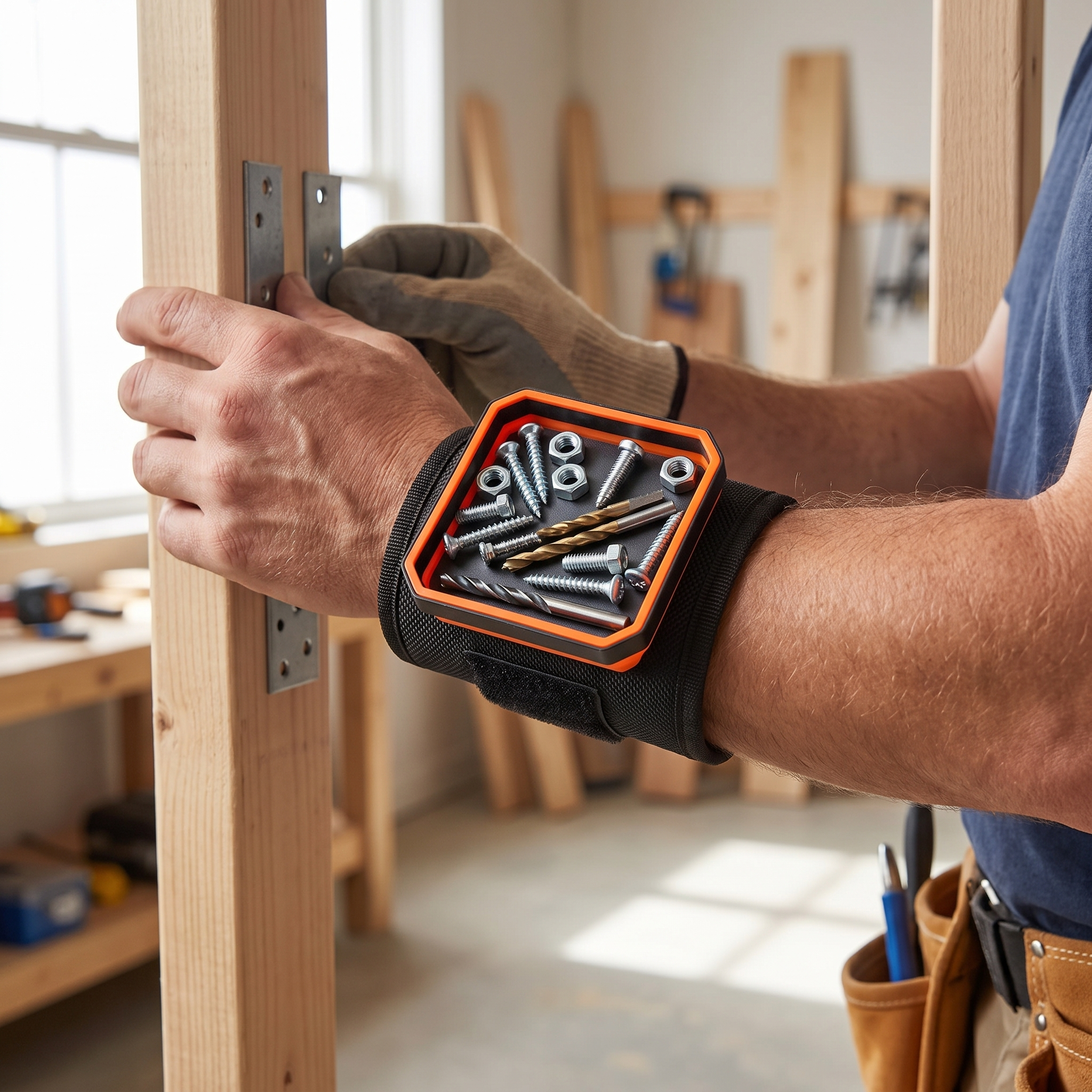 Screws and bits clinging to magnetic wristband on forearm