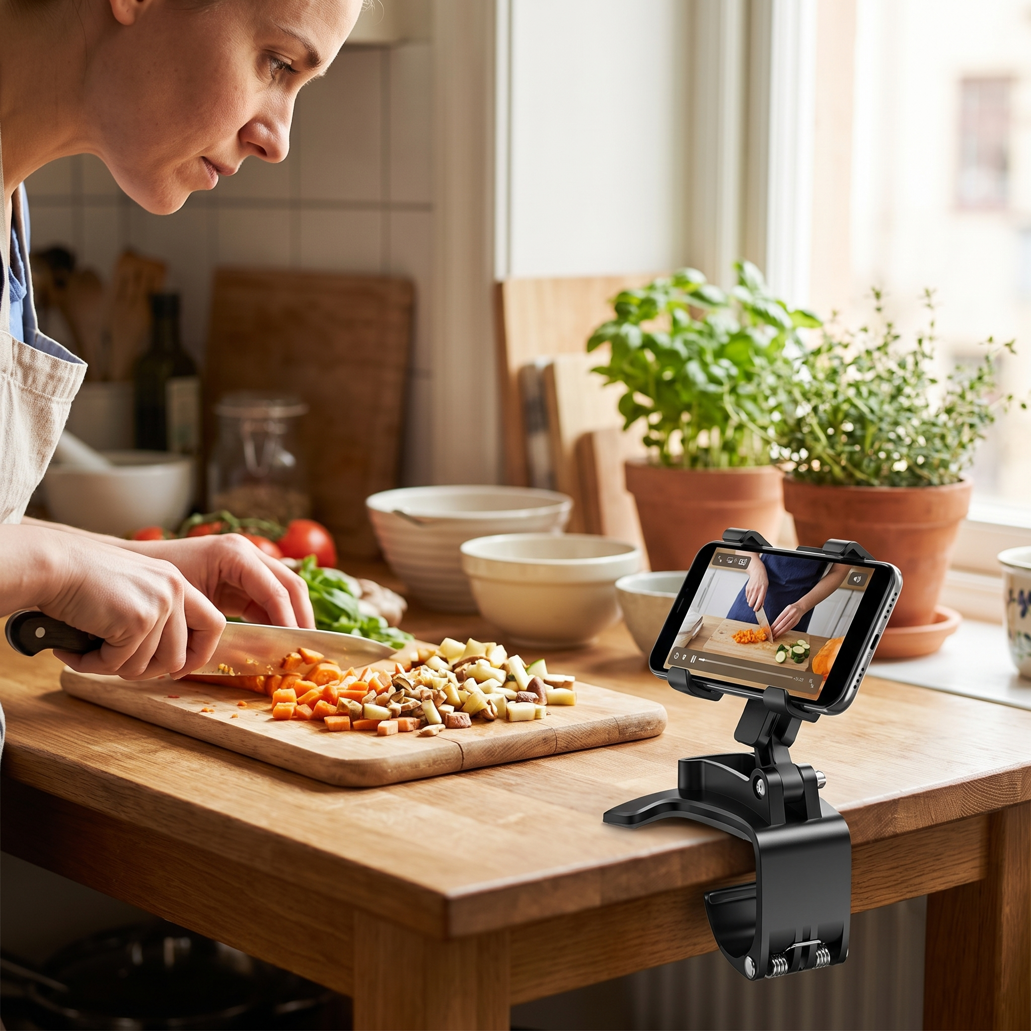 Person following a recipe hands-free on a phone in a foldable stand