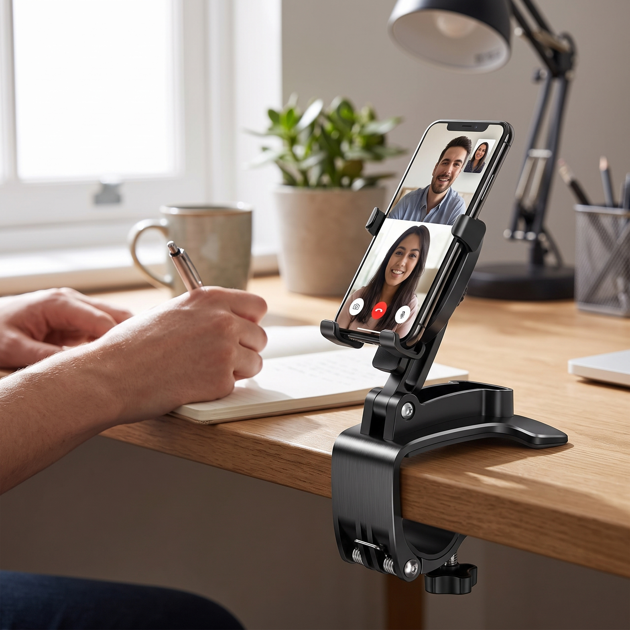 Smartphone propped in folding aluminium stand on a desk during a video call