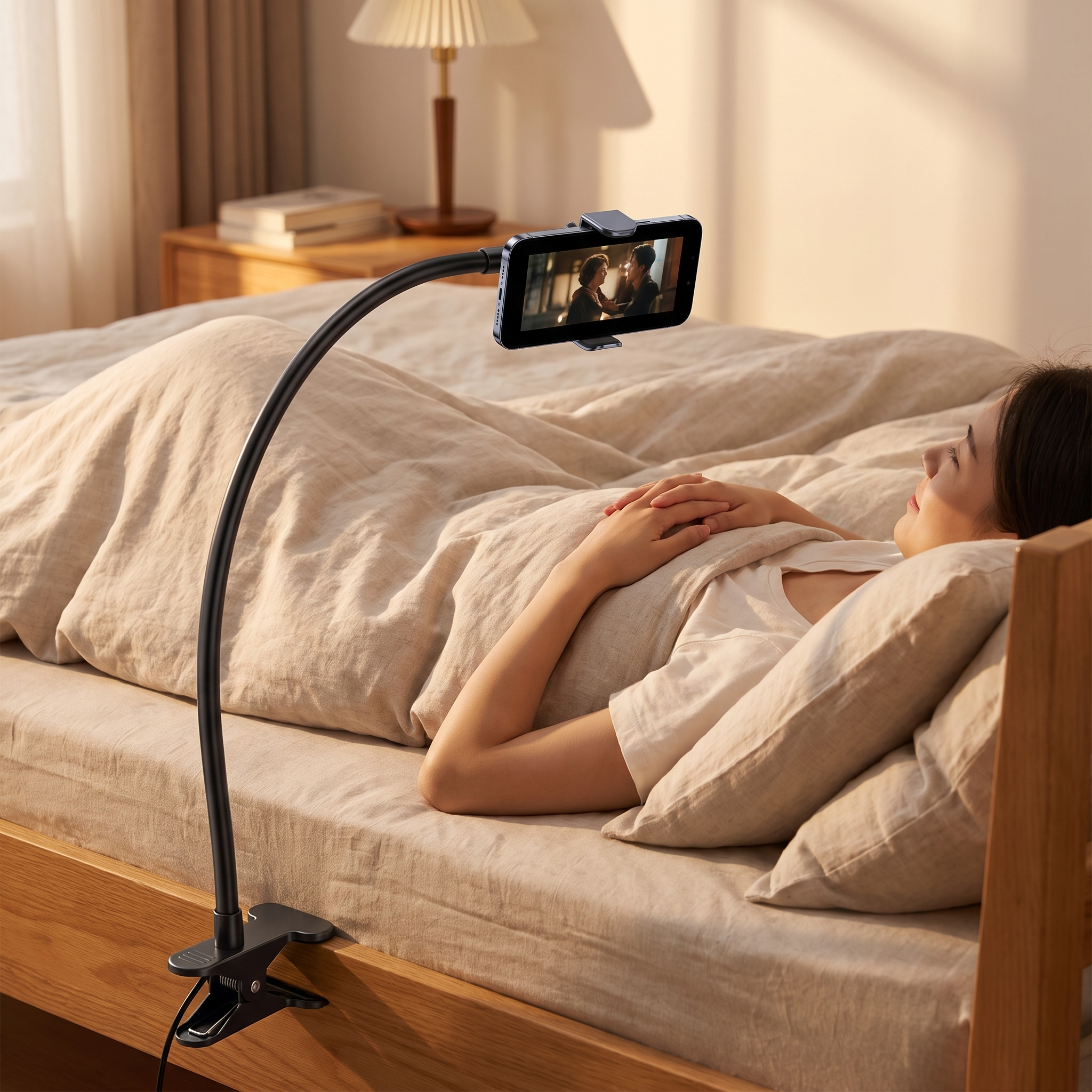 Person watching phone hands-free in bed with gooseneck mount clamped to bed frame
