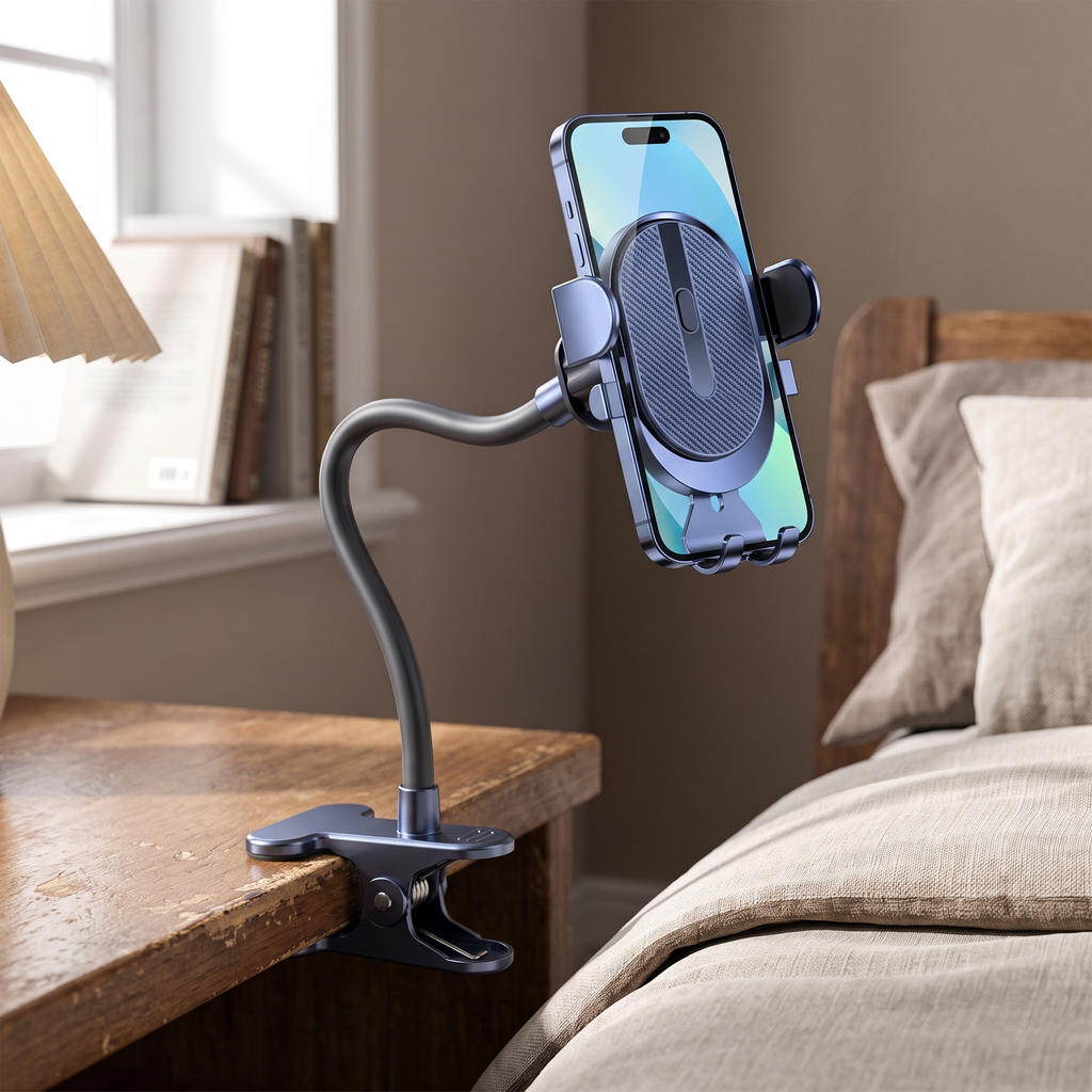 Gooseneck phone mount clamped to bedside table holding phone at eye level