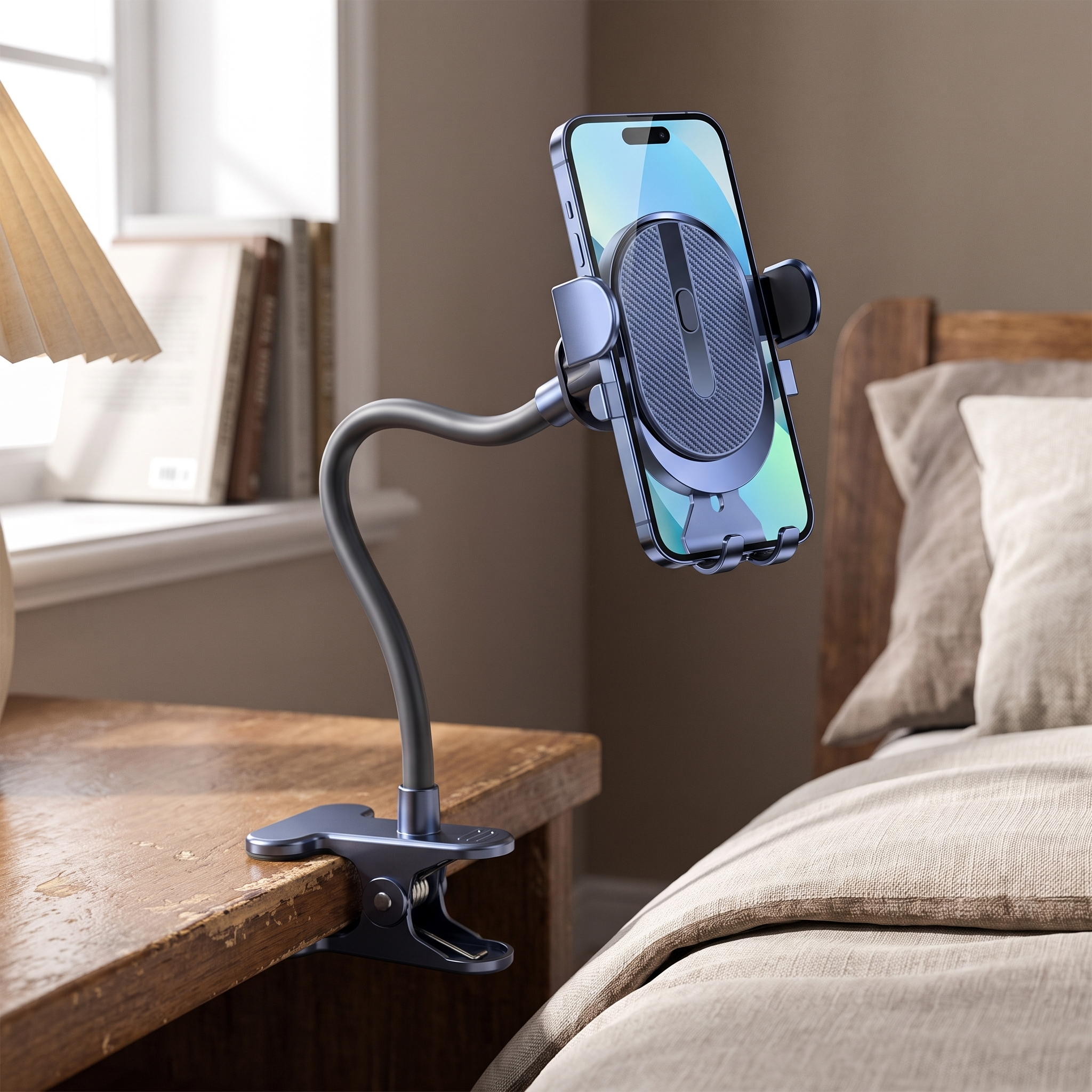 Gooseneck phone mount clamped to bedside table holding phone at eye level