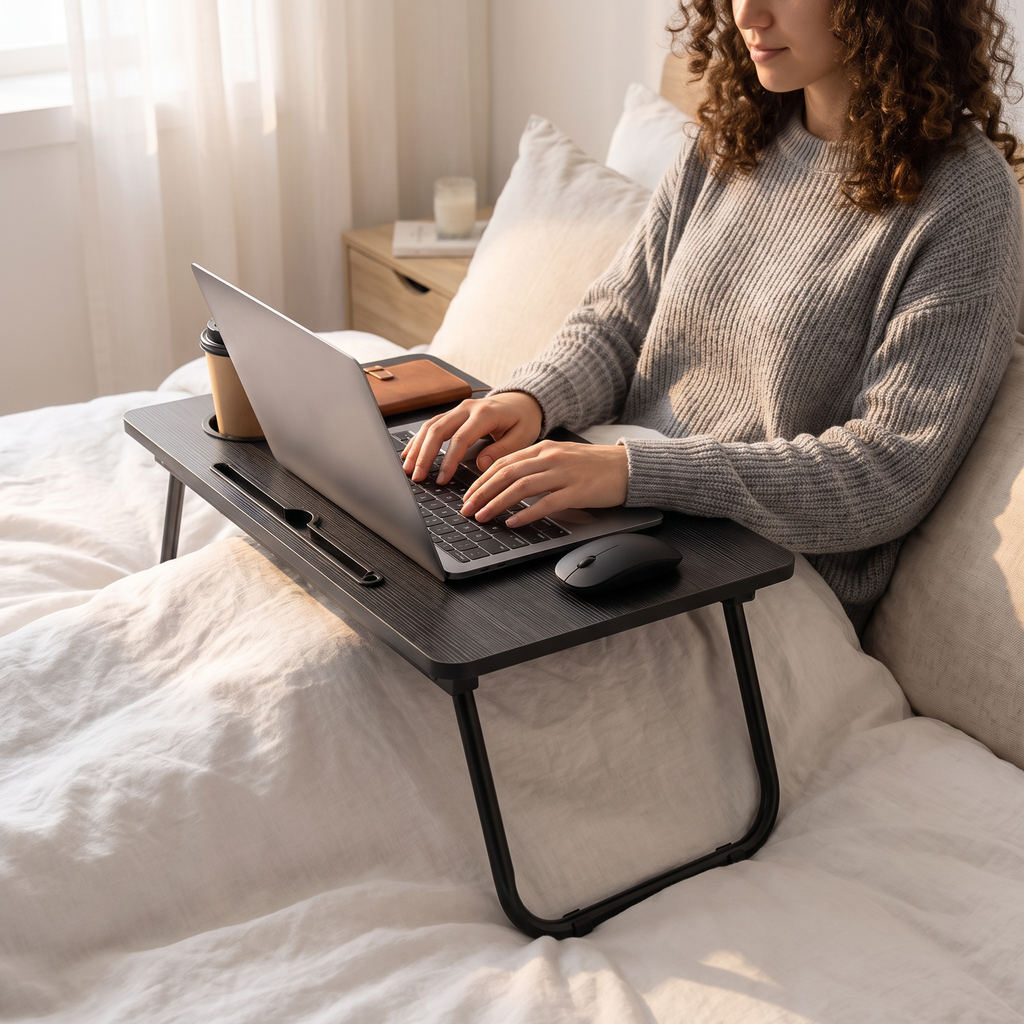 Person using a laptop comfortably in bed on a foldable bed tray