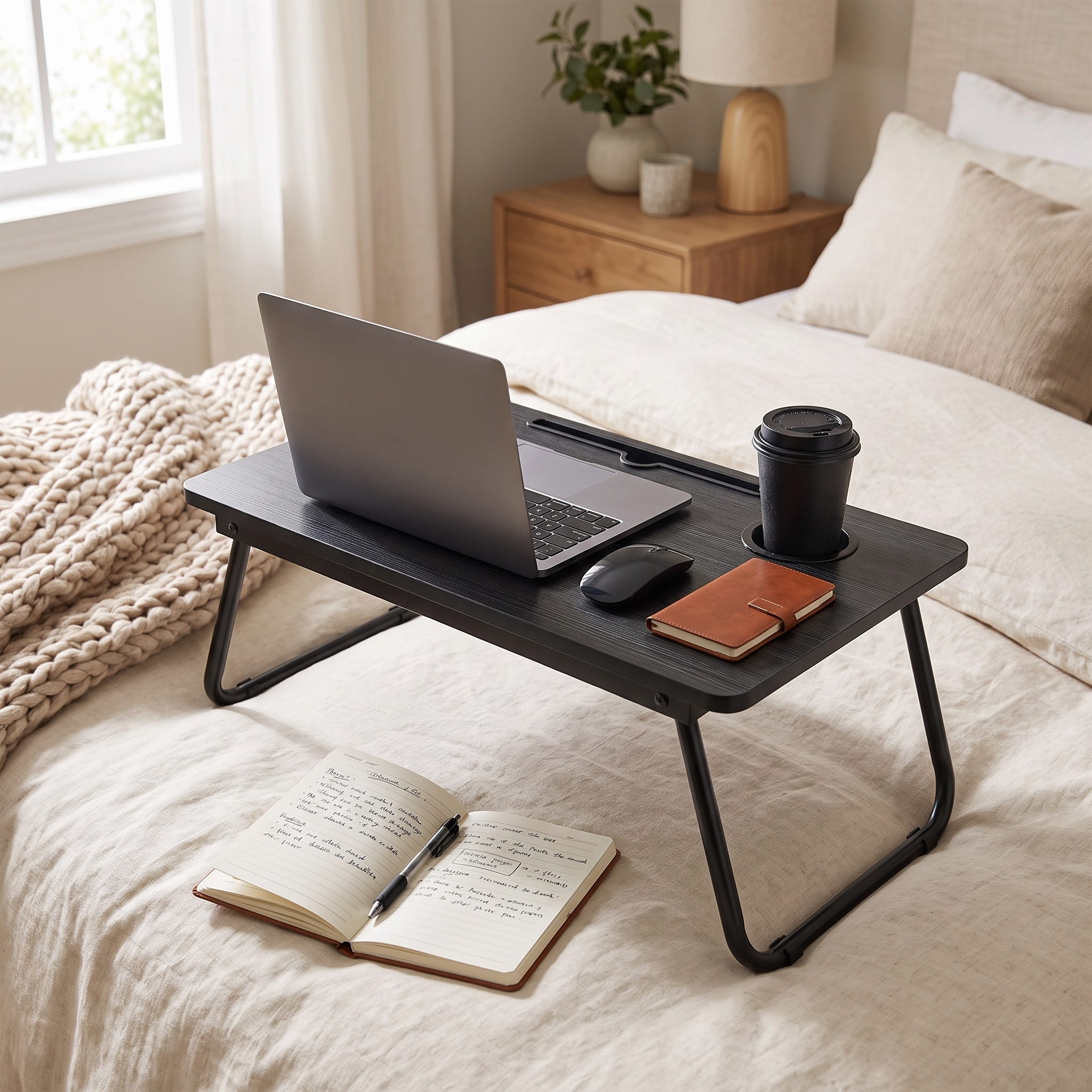 Laptop and coffee on a foldable bed desk tray with folding legs