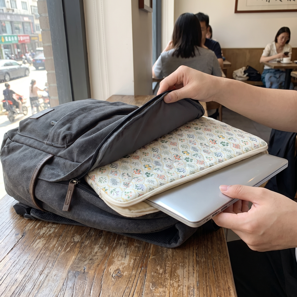 Person sliding a laptop into a padded protective sleeve before packing it in a backpack