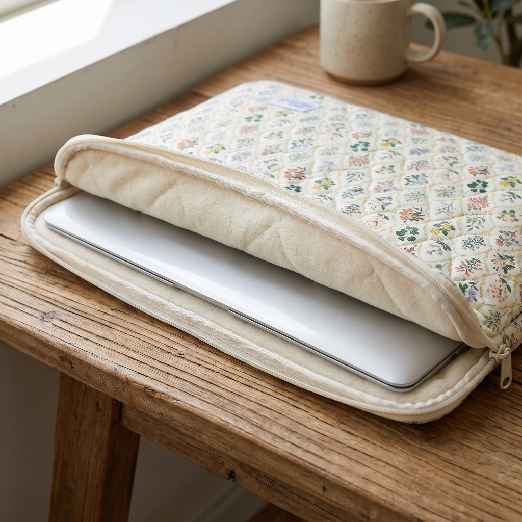 Laptop inside padded sleeve showing cushioned lining and zip
