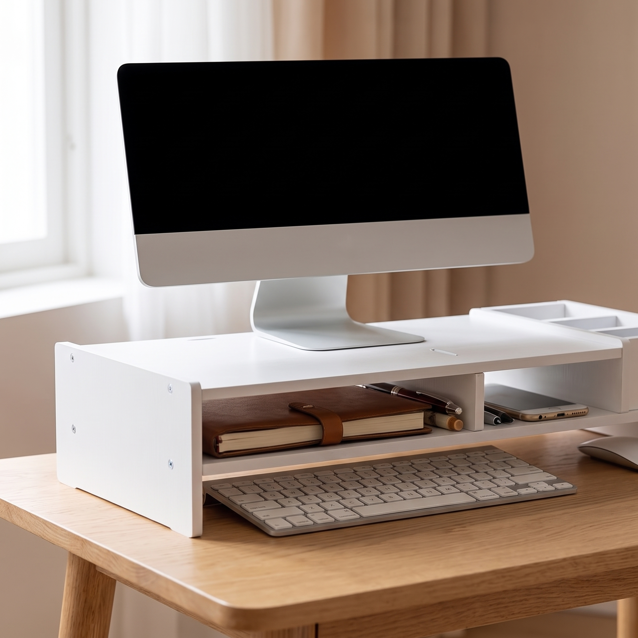 Monitor riser with stationery stored in the compartment underneath