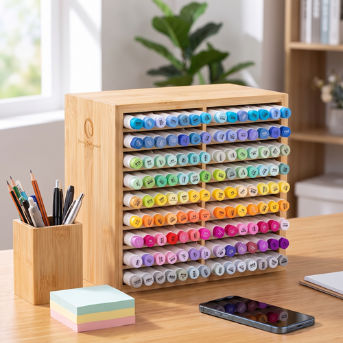 Tidy desk with stationery organised in a bamboo desktop organiser