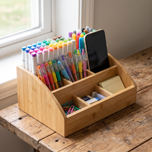 Bamboo desktop organiser holding pens and a phone in its compartments