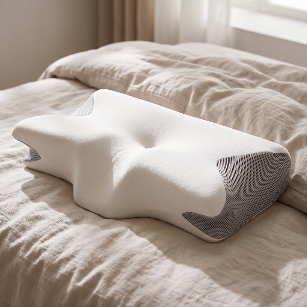 Contoured memory foam cervical pillow showing ergonomic curve