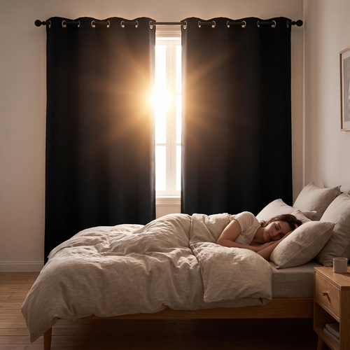 Dark restful bedroom with blackout curtains blocking bright morning sun