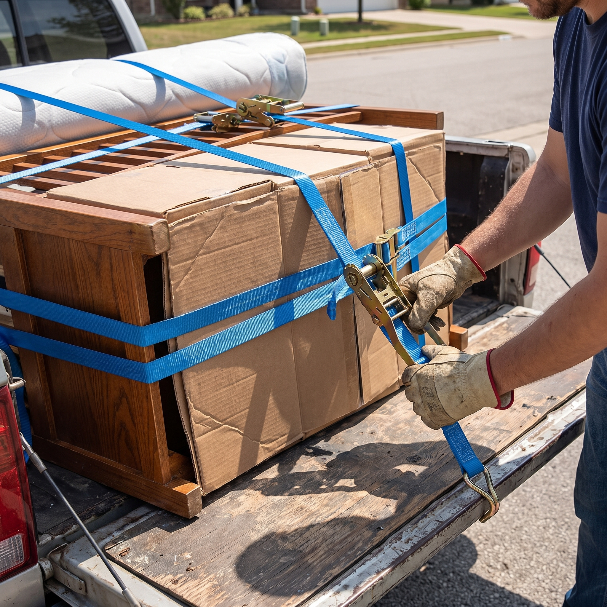 Person securing cargo in a truck bed with heavy-duty ratchet tie-down straps