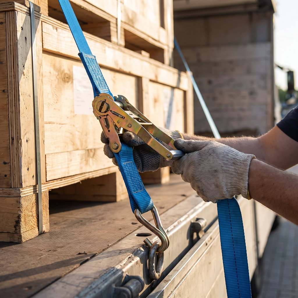 Hands tightening the ratchet mechanism of a tie-down strap