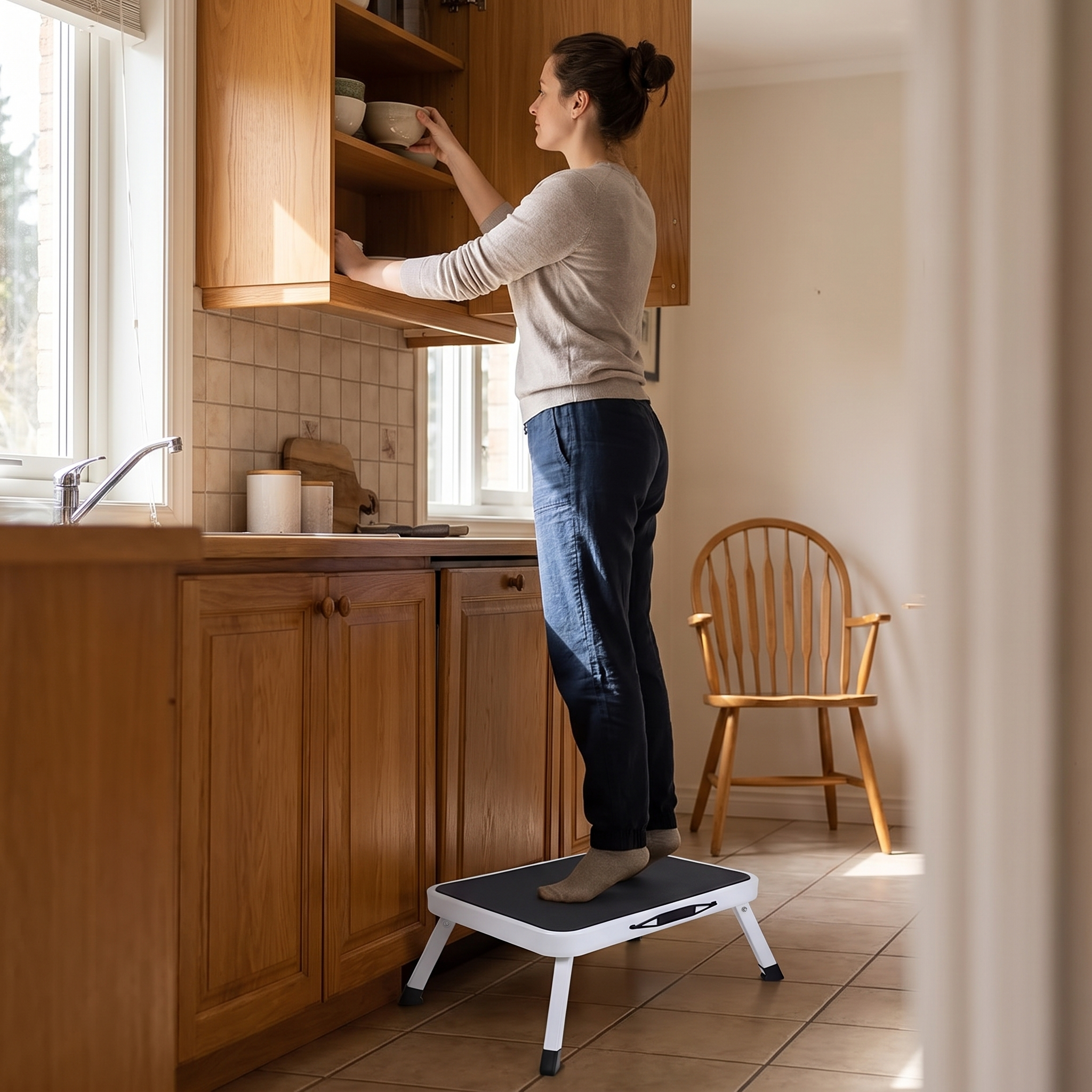 Person standing safely on a folding step stool to reach a high cupboard