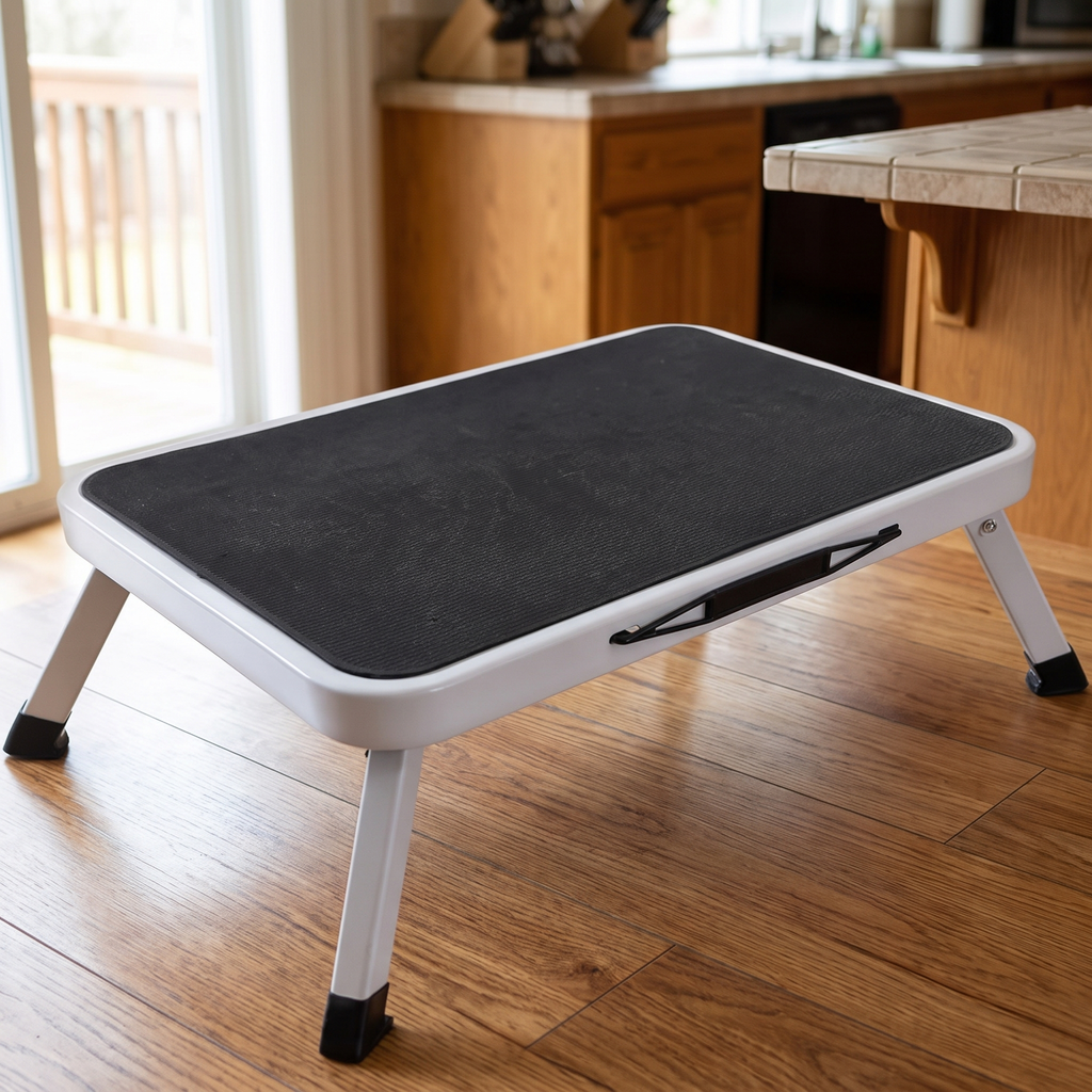 Sturdy folding step stool opened out on a kitchen floor