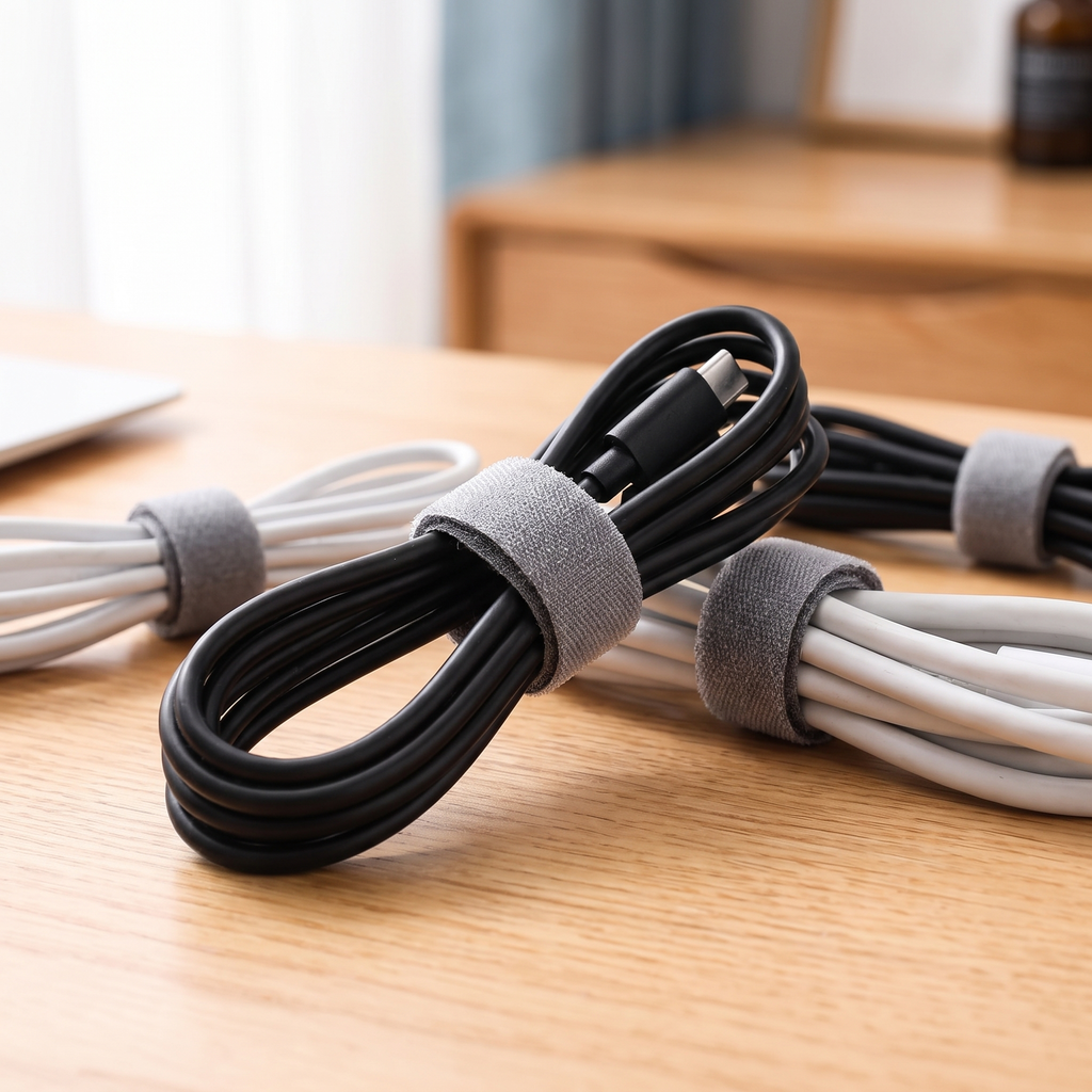 Reusable cable tie wrapped around a coiled charging cable