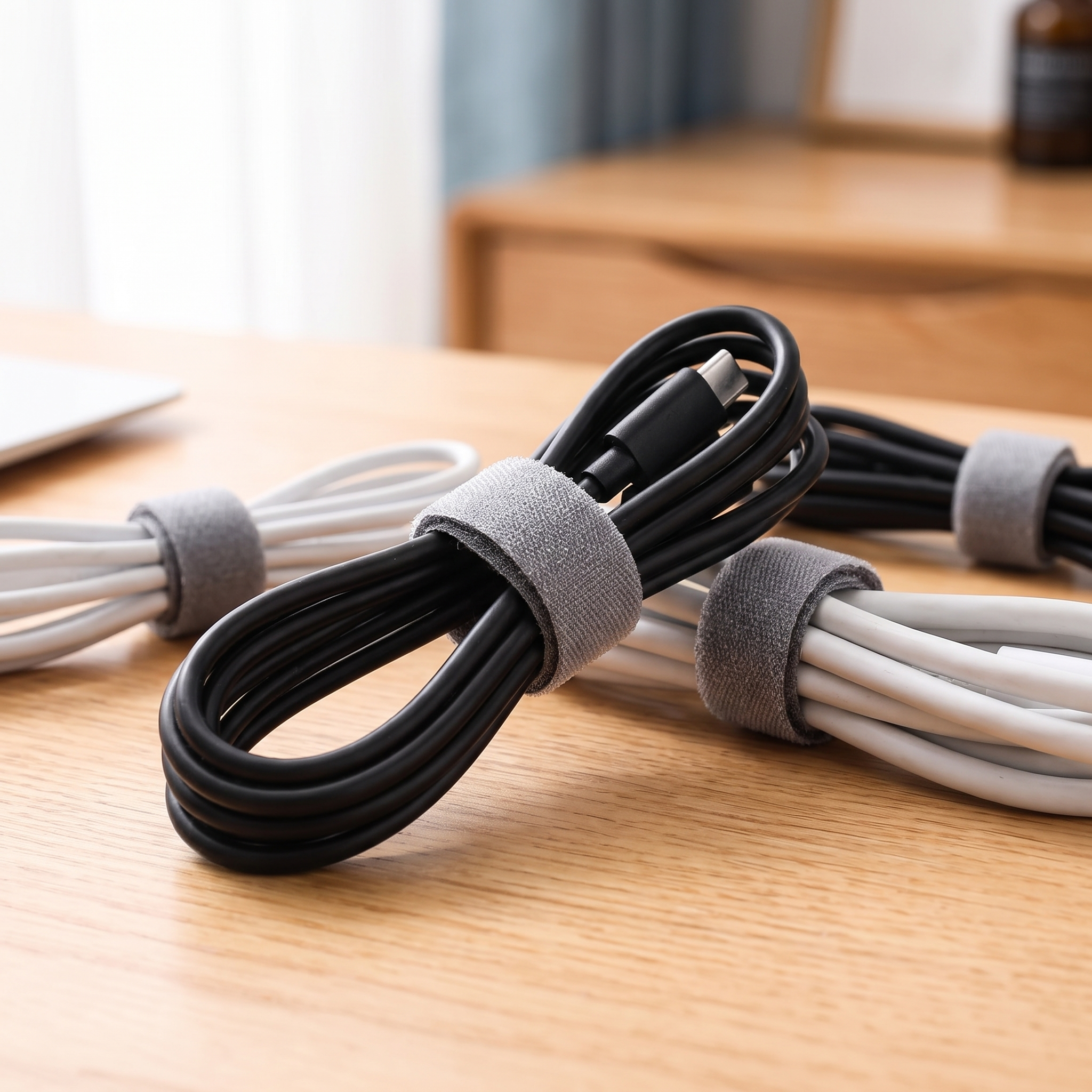 Reusable cable tie wrapped around a coiled charging cable