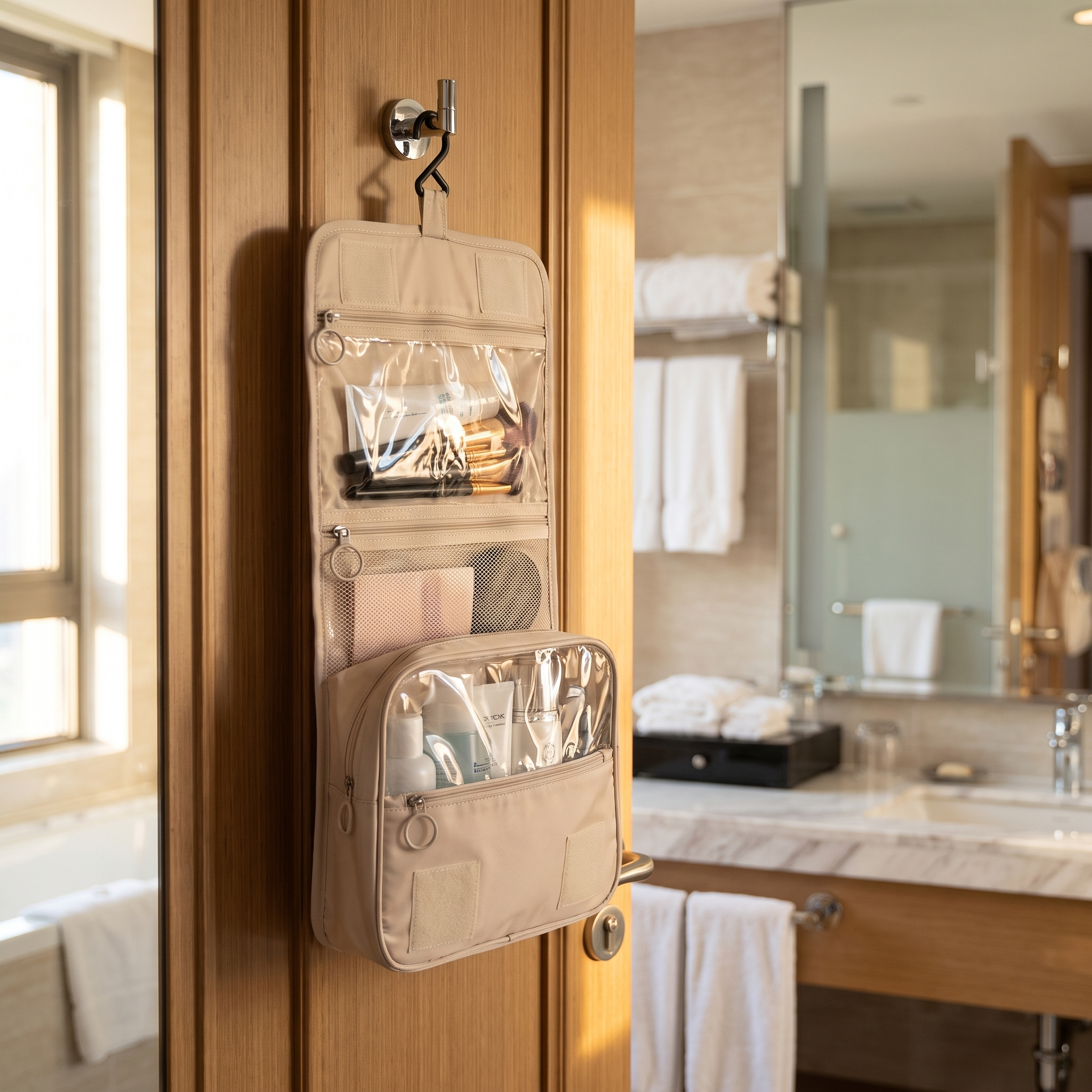 Hanging travel toiletry bag hooked on a bathroom door with toiletries organised