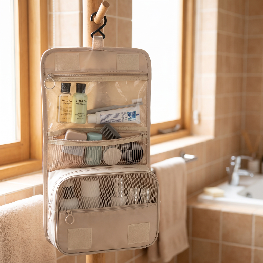 Hanging toiletry bag with hook and organised compartments of travel bottles