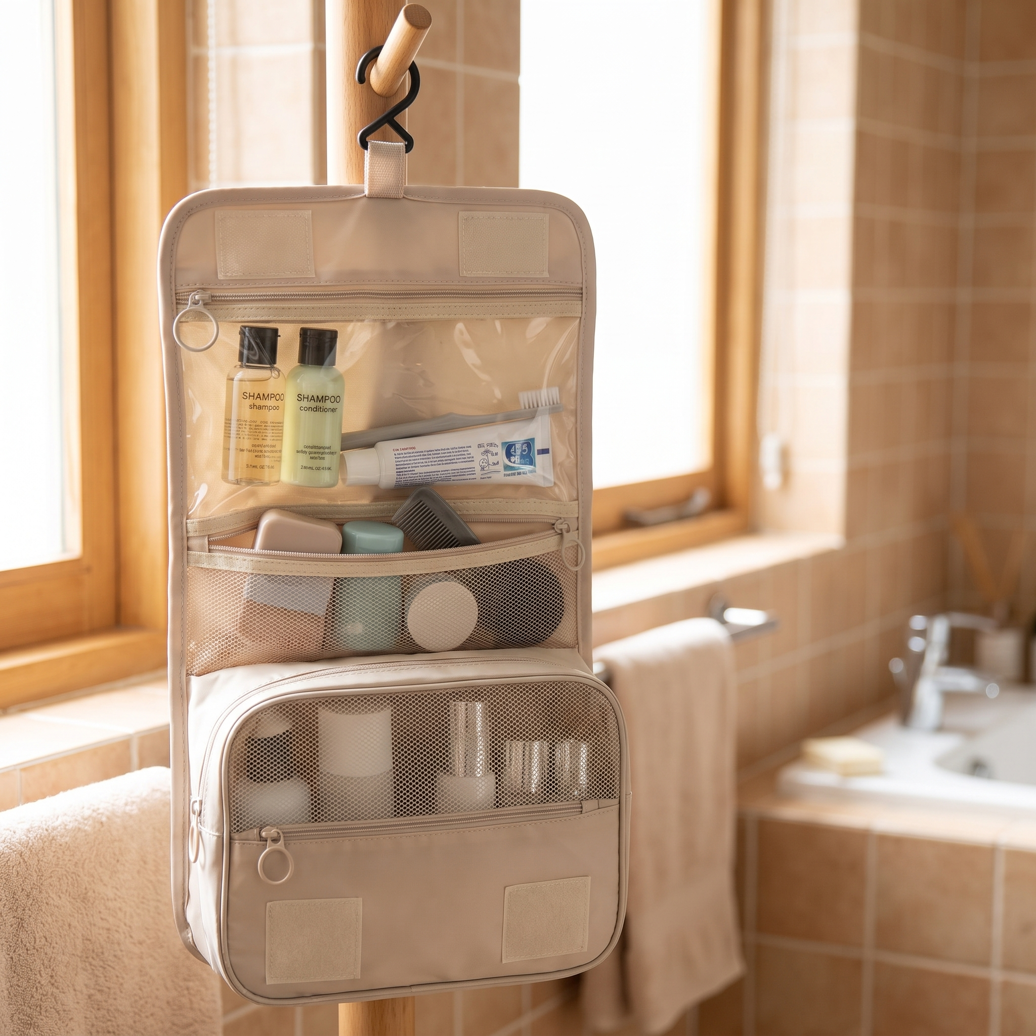 Hanging toiletry bag with hook and organised compartments of travel bottles