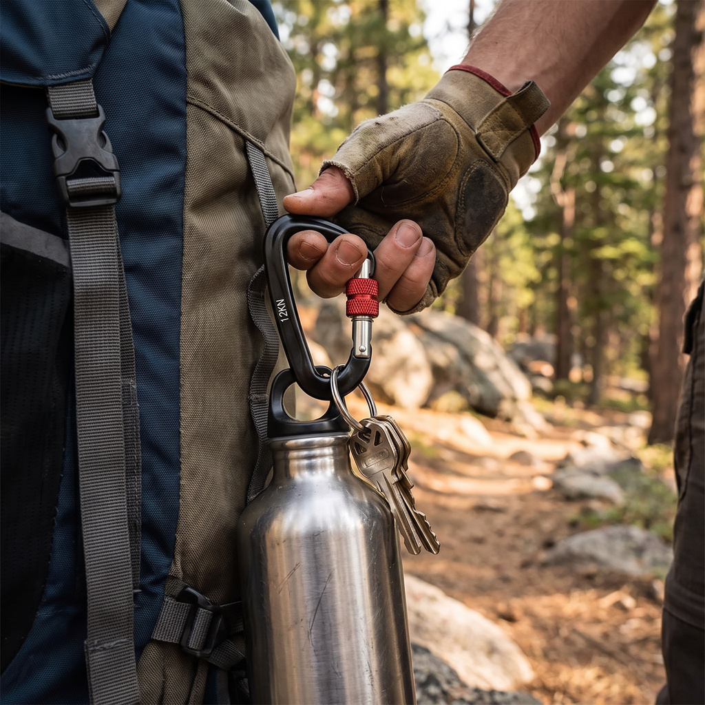 Hiker clipping a water bottle to a backpack with a heavy-duty carabiner