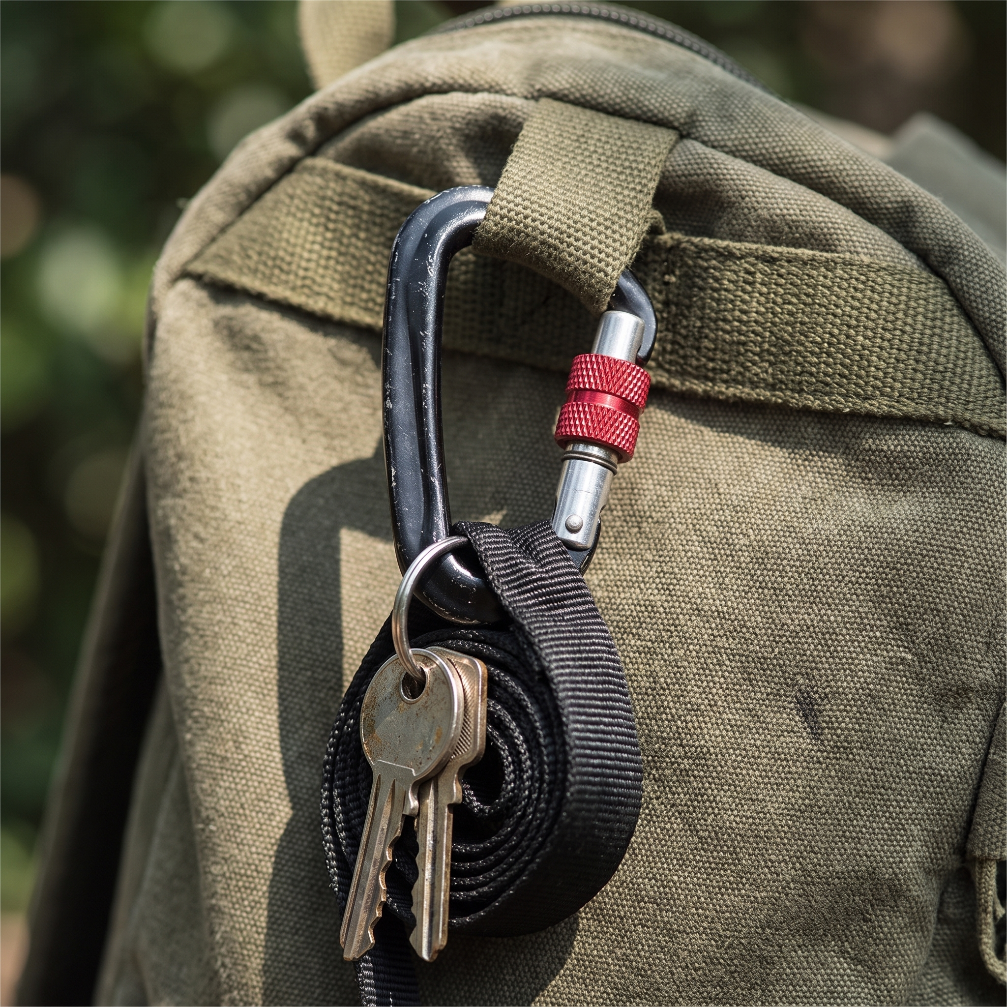 Heavy-duty carabiner clip hooked onto a backpack loop