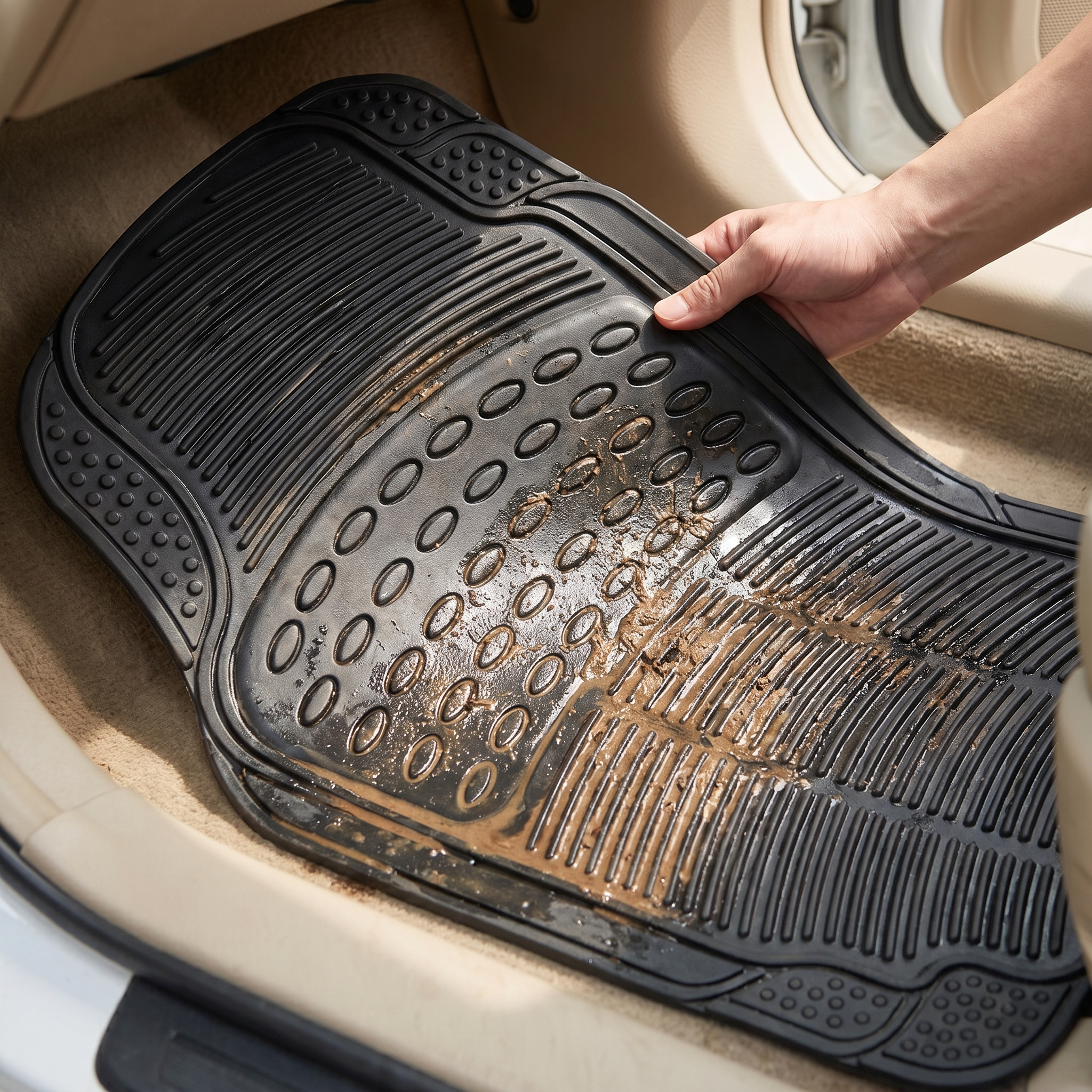 Rubber car floor mat lifted to show mud and water trapped in the grooves