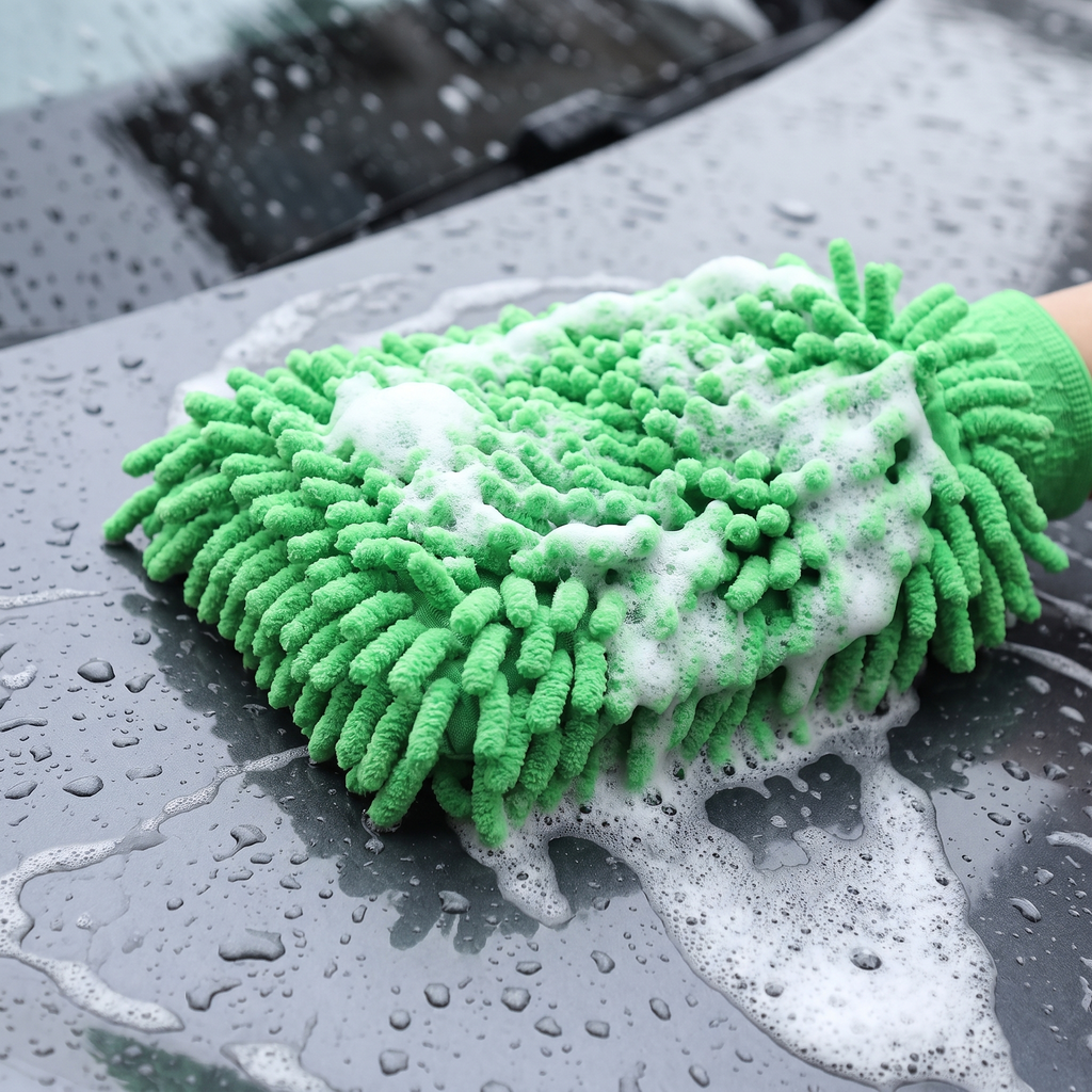 Plush microfibre wash mitt covered in suds on a wet car panel