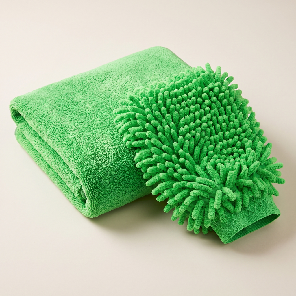 Microfibre car wash mitt and drying towel set product shot