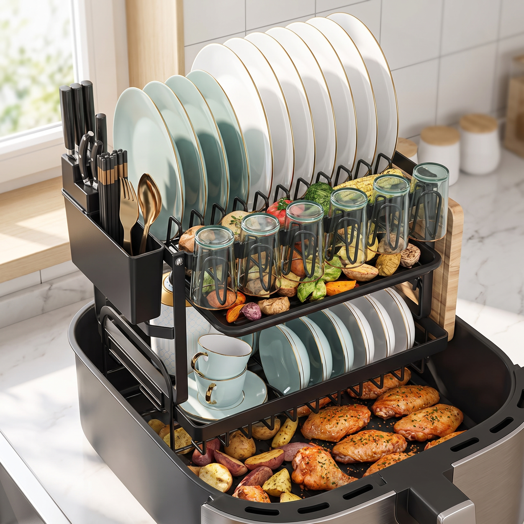 Stackable rack insert in an air fryer basket doubling the cooking space