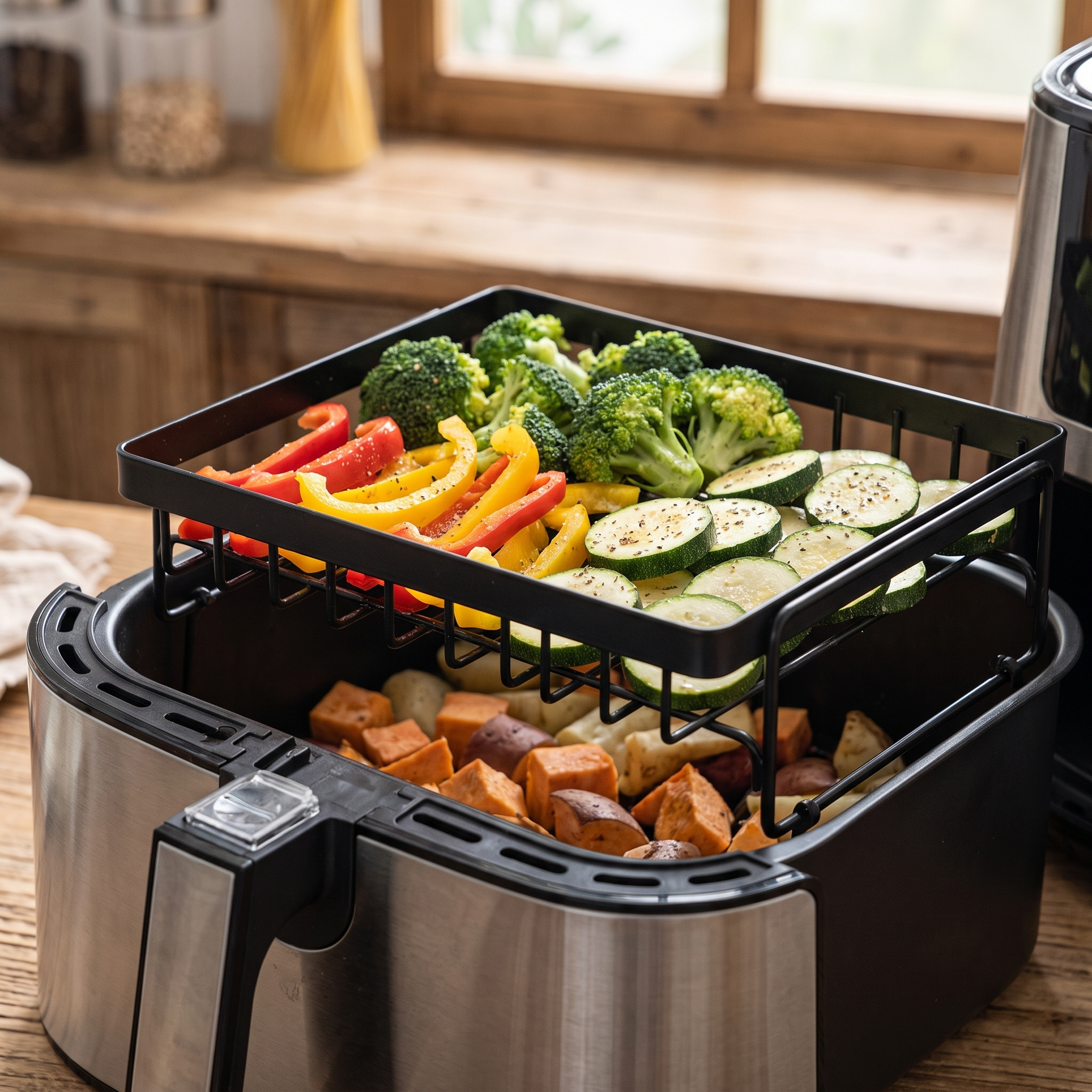 Air fryer rack insert holding vegetables above the basket layer