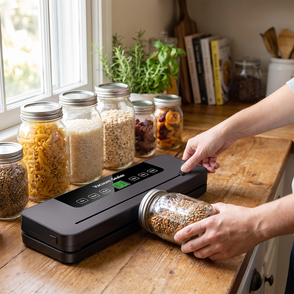 Person sealing a mason jar of food fresh with vacuum sealer, sealed jars in a row