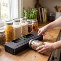 Person sealing a mason jar of food fresh with vacuum sealer, sealed jars in a row