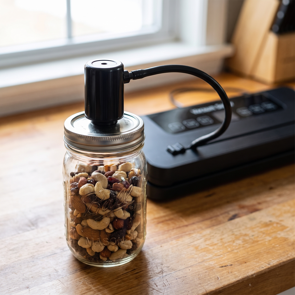 Jar vacuum sealer attachment drawing air out of a mason jar