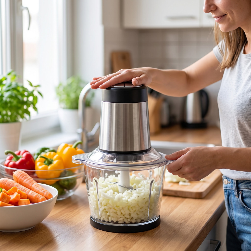 Person quickly chopping onions in a compact electric vegetable chopper