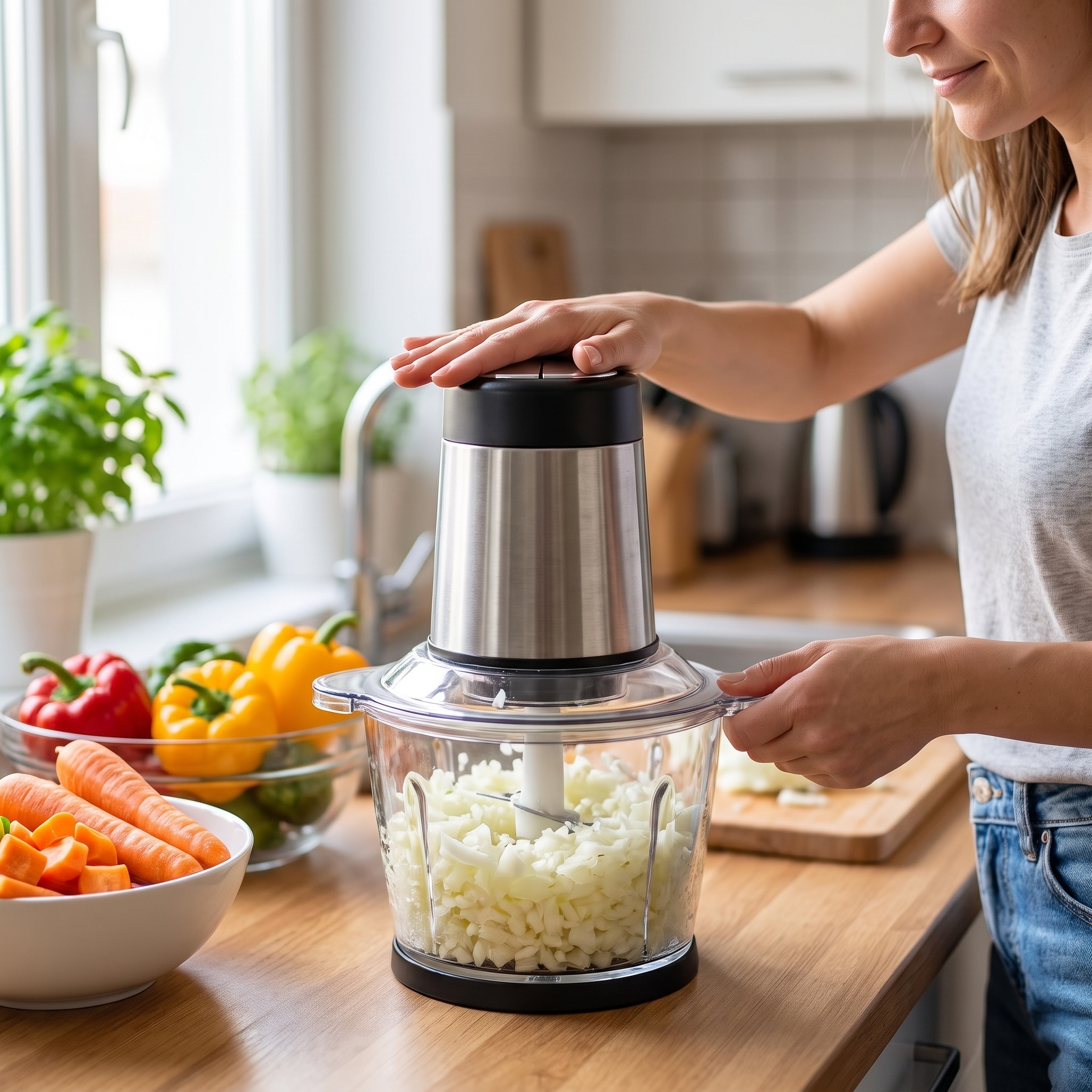 Person quickly chopping onions in a compact electric vegetable chopper