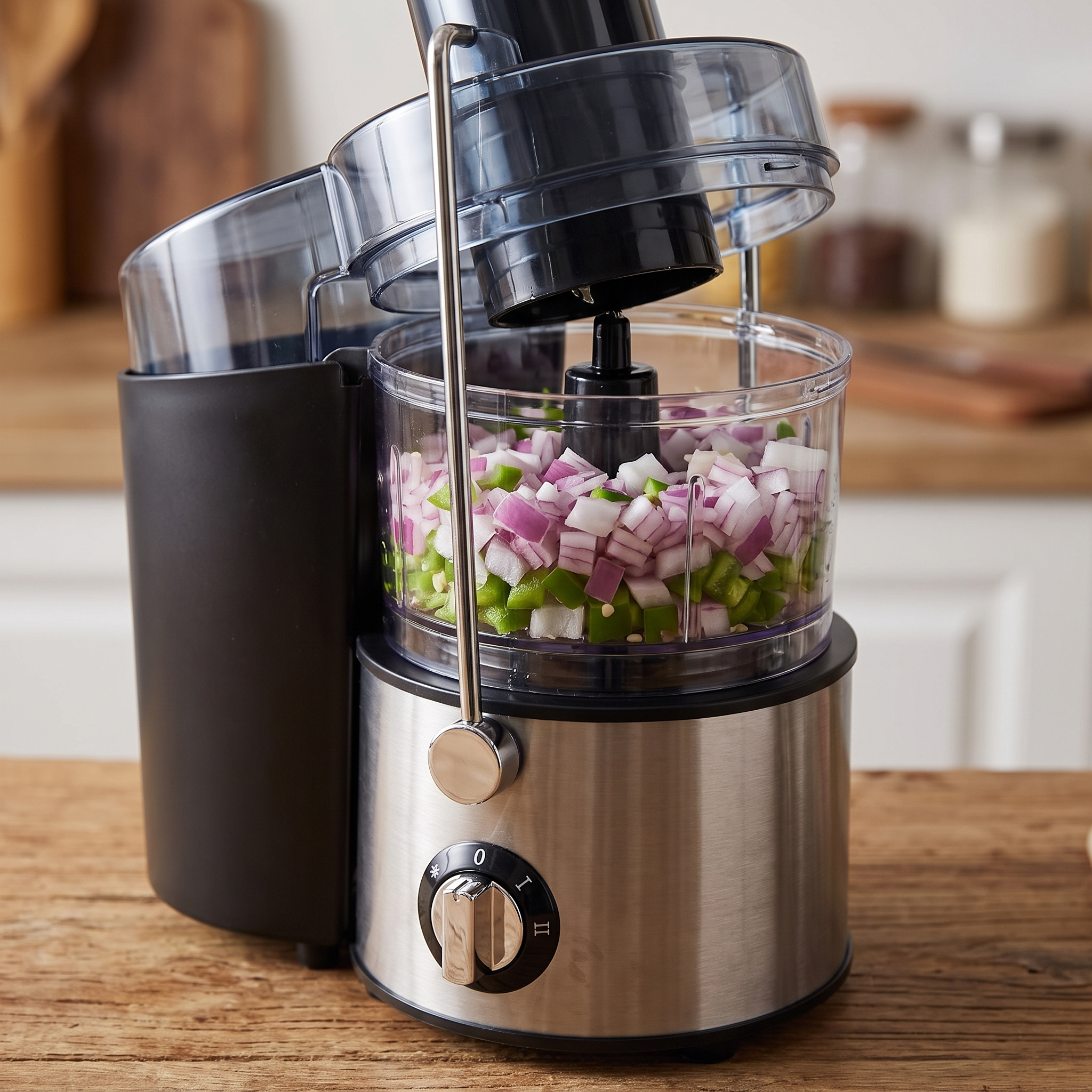 Electric vegetable chopper filled with freshly diced vegetables
