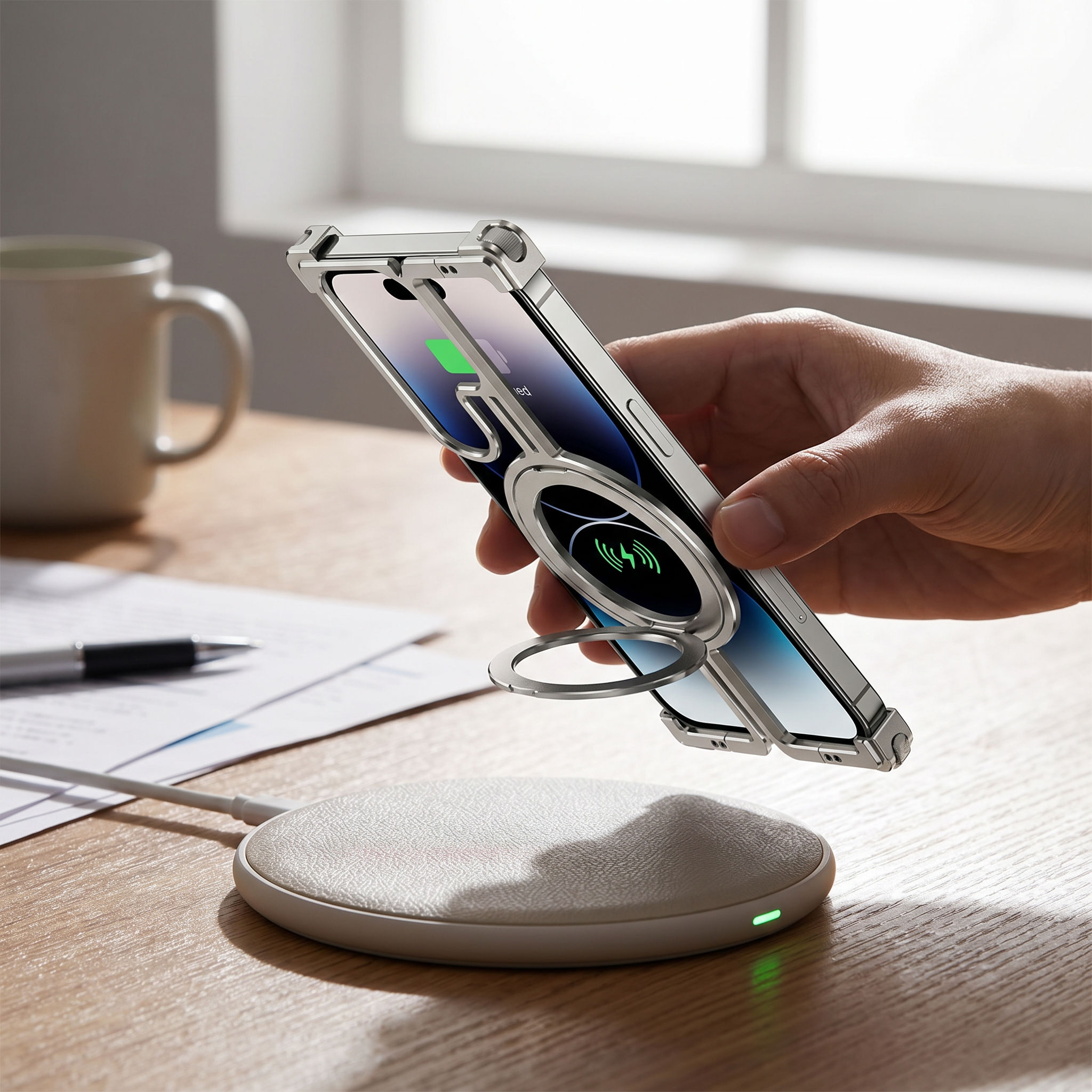 Person snapping a phone in a magnetic case onto a wireless charging pad