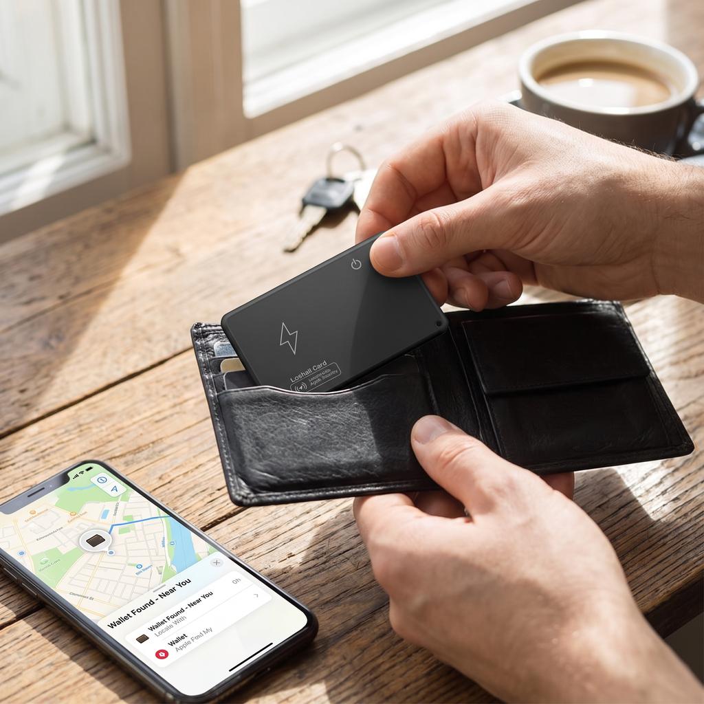Person slipping a slim Bluetooth tracker card into their wallet
