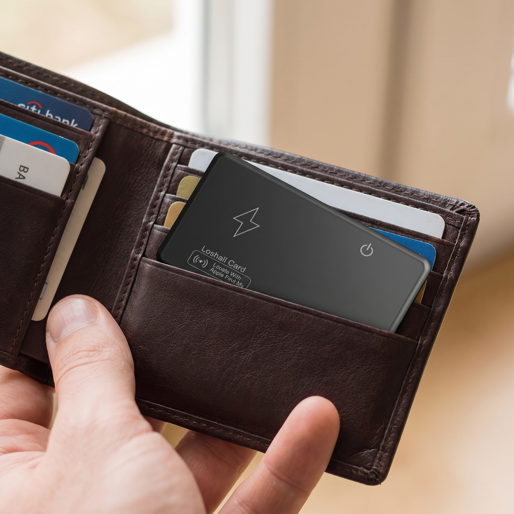 Slim Bluetooth tracker card in a wallet slot beside bank cards