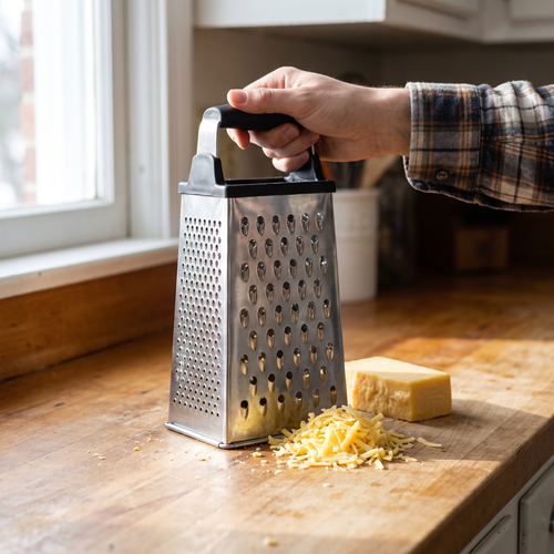 Stainless steel box grater on a kitchen counter with freshly grated cheese