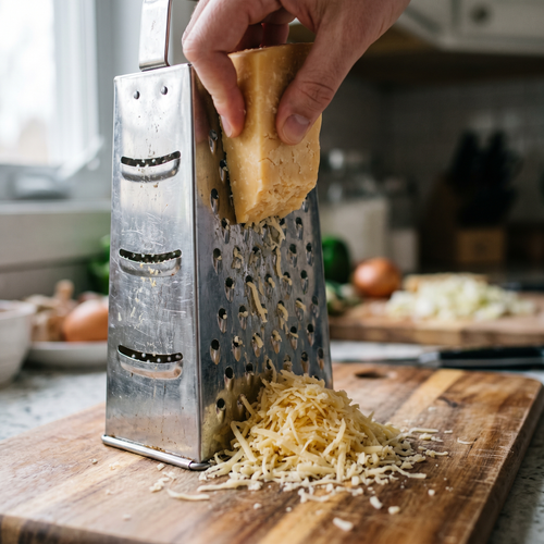 Hand grating cheese down the face of a box grater