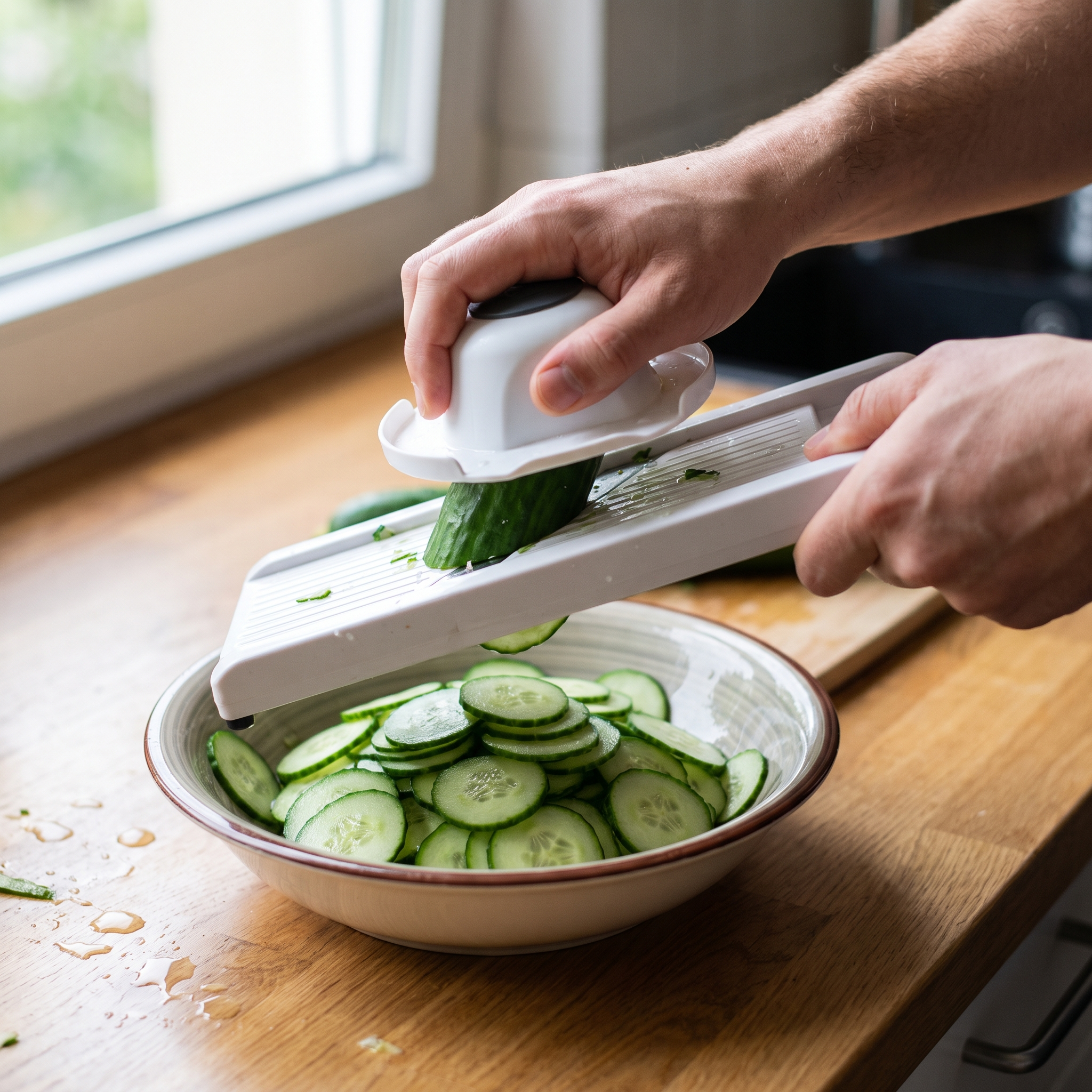Person slicing a cucumber on a manual mandoline into even thin slices
