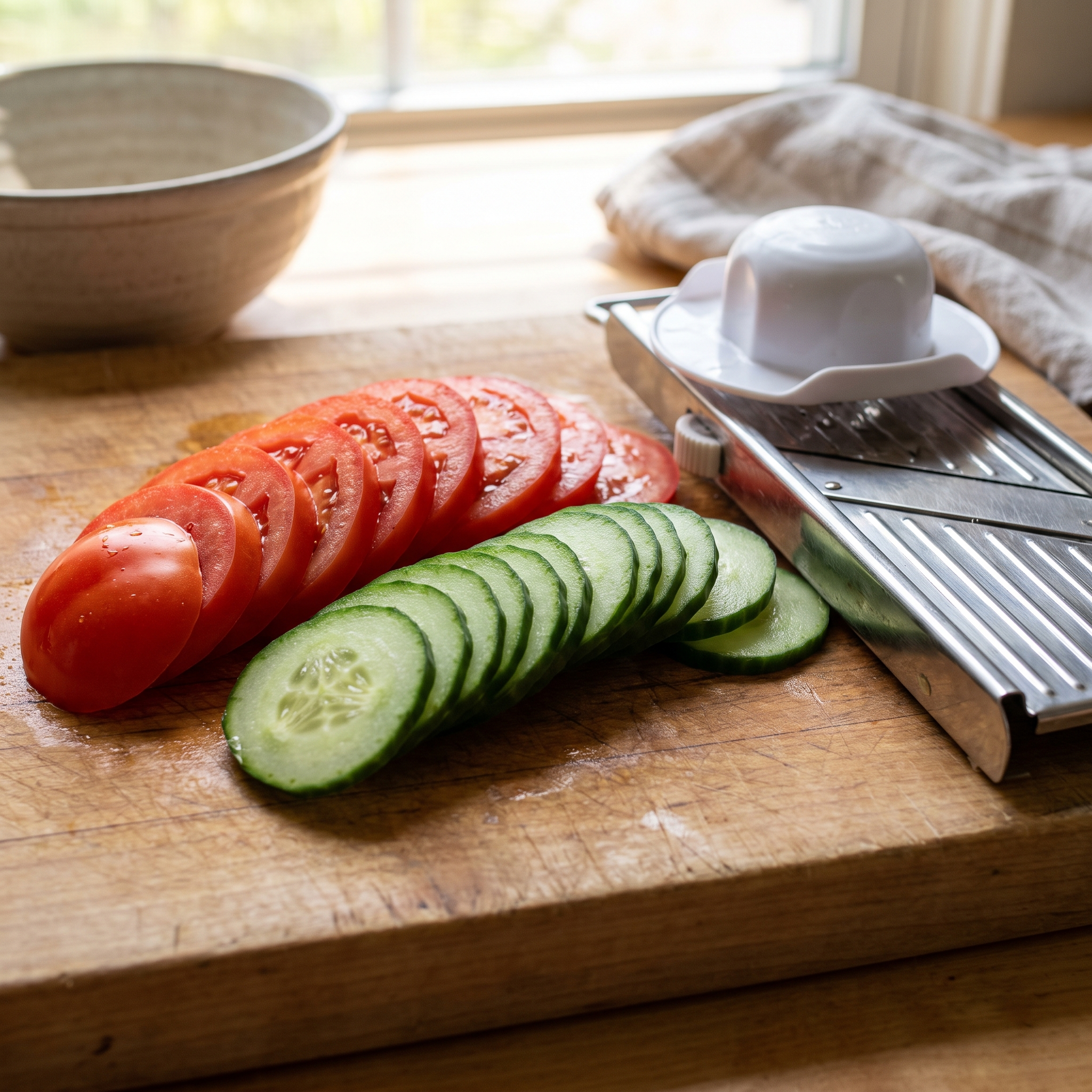 Even tomato and cucumber slices beside a mandoline slicer