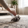 Person raking embedded pet hair out of a rug with a carpet rake