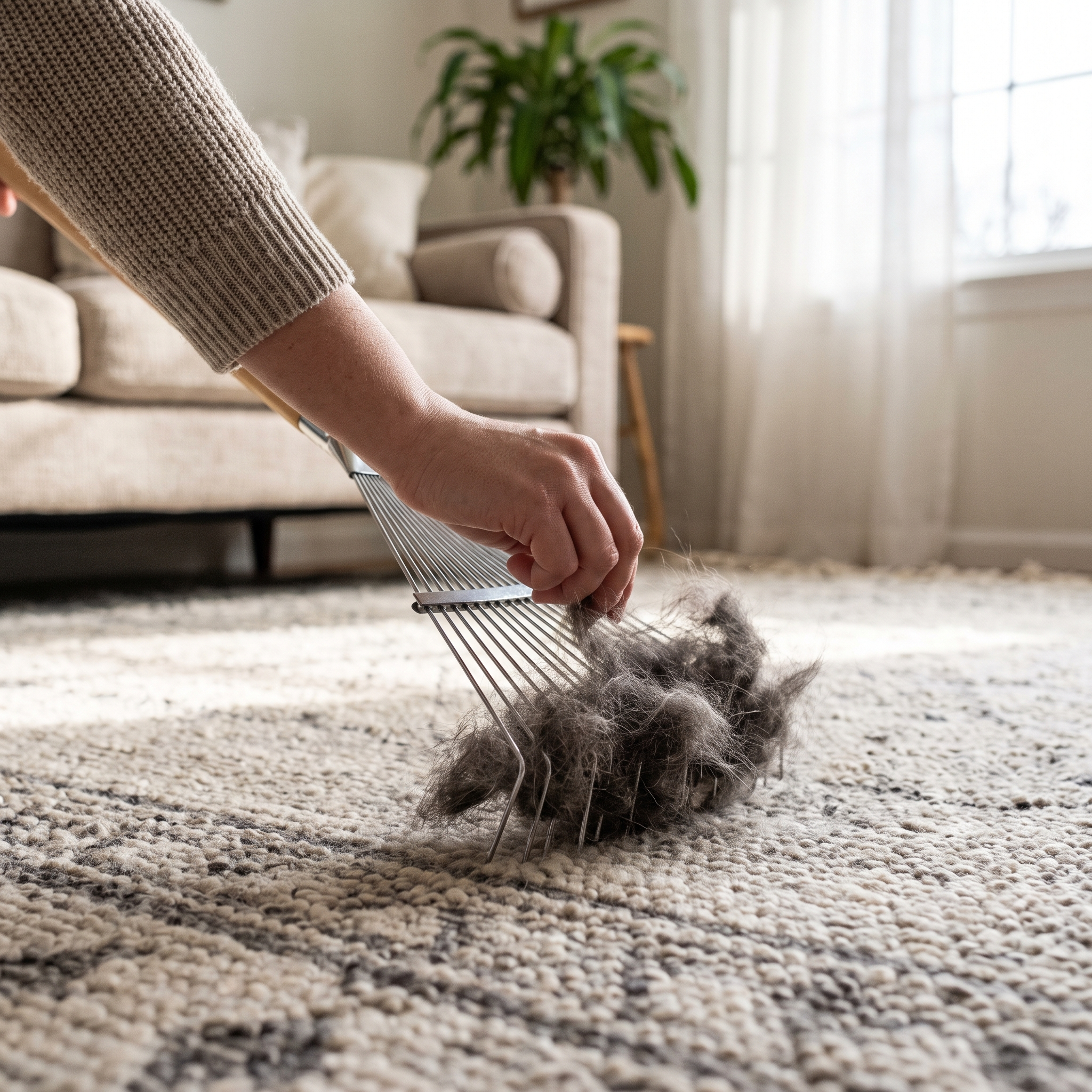 Person raking embedded pet hair out of a rug with a carpet rake