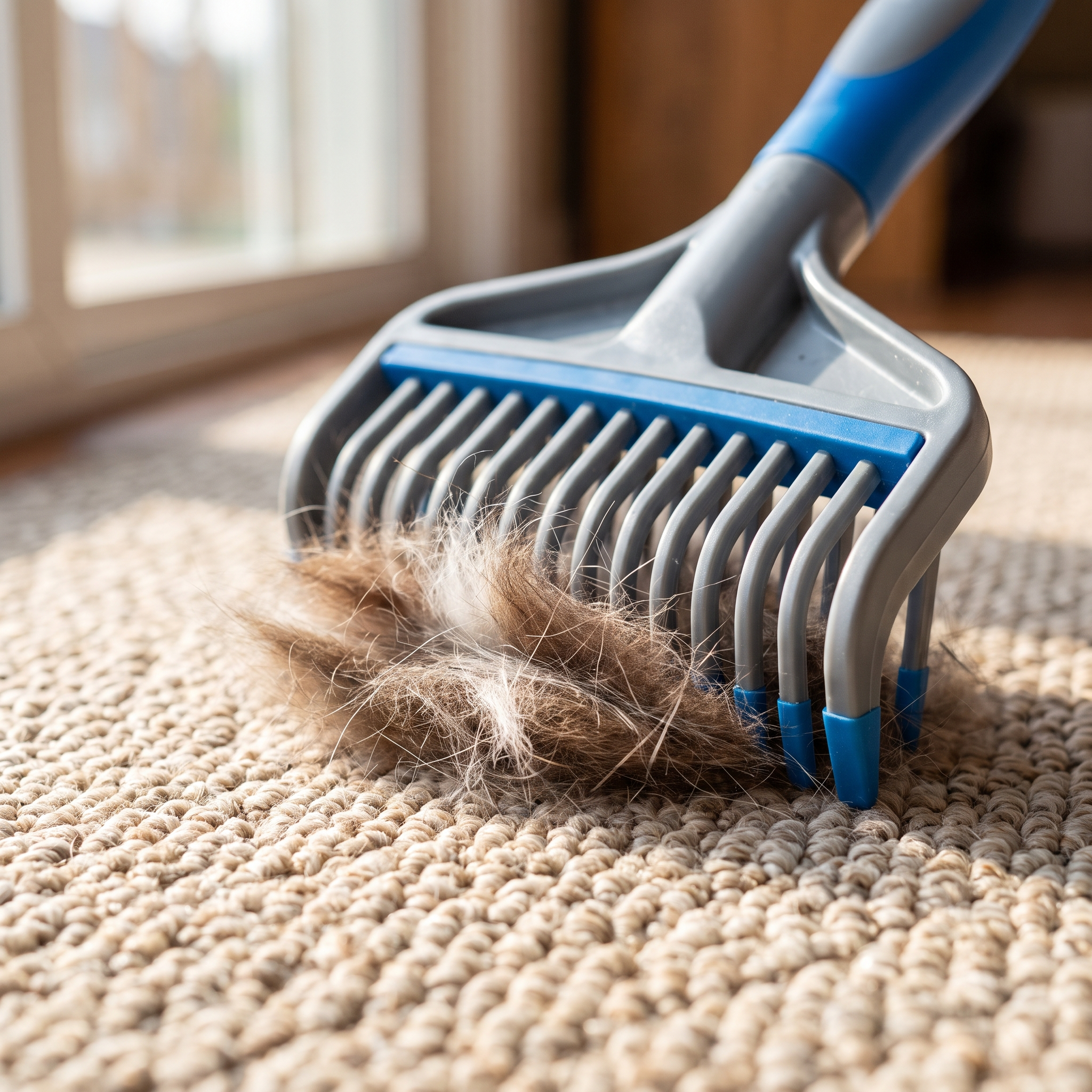 Carpet rake teeth gathering a pile of pet hair from a carpet