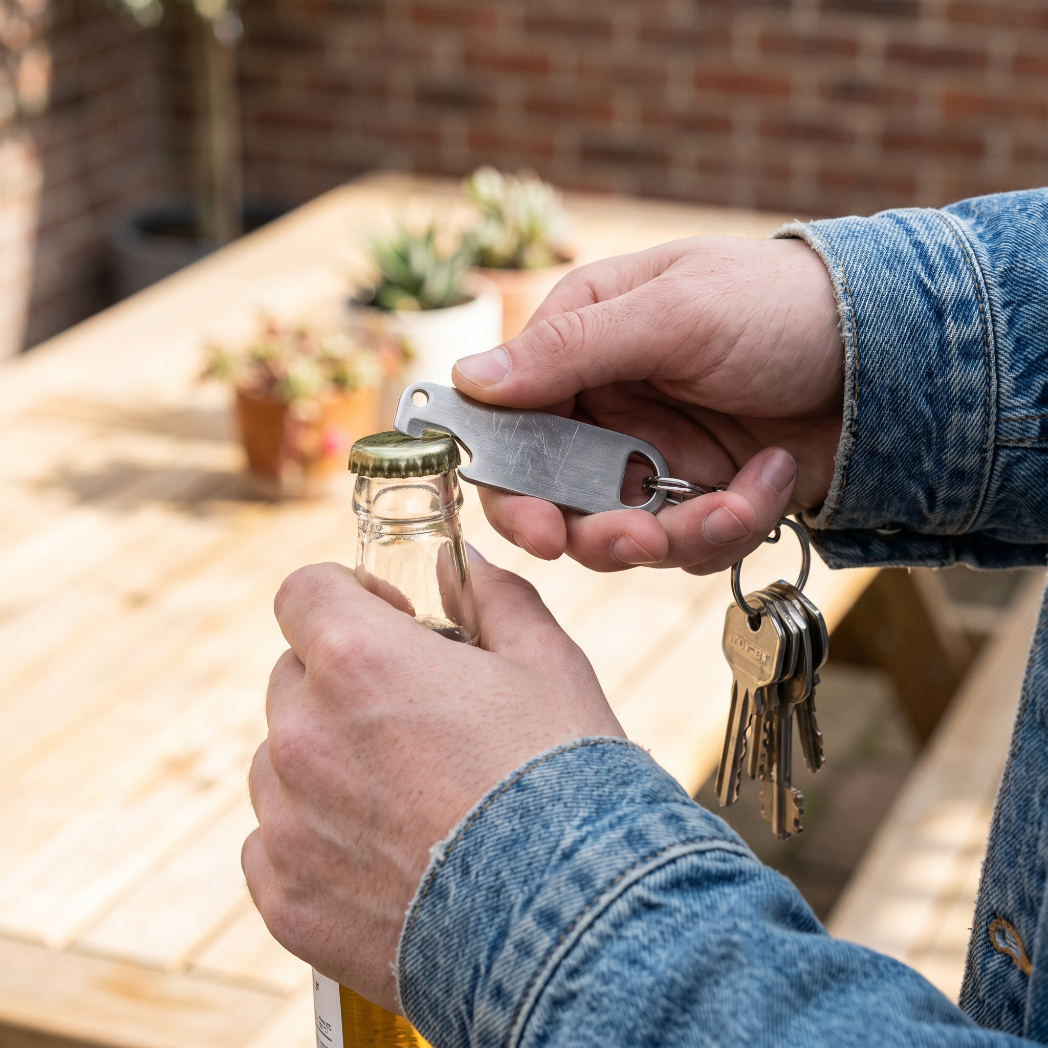 Person using a keychain multi-tool clipped to their keys to open a bottle
